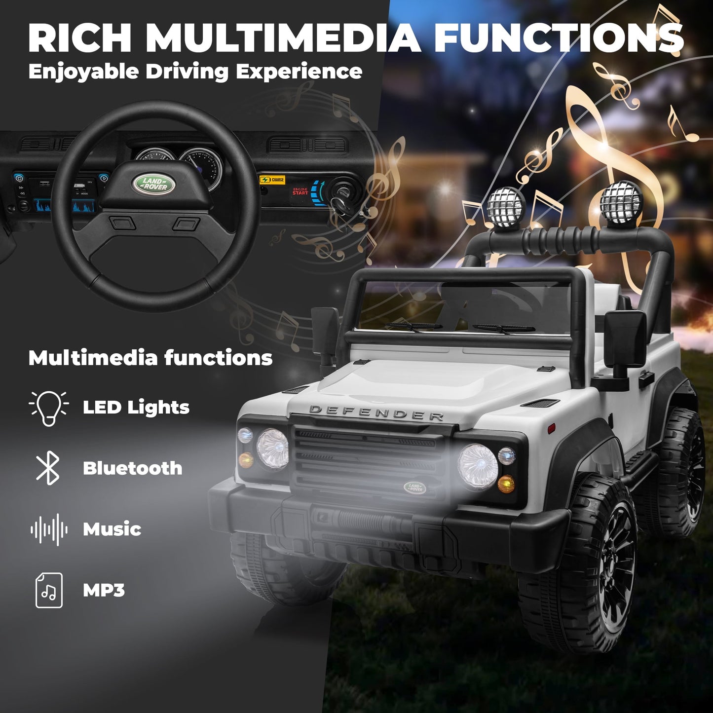 Track Seven Licensed Land Rover Defender Volta 5008 24V Ride-On Car, Electric Car with Remote Control, 2WD Drive, Bluetooth, LED Lights, Key Start, Rear Storage, 24V Ride on Toys for Ages 3+, White