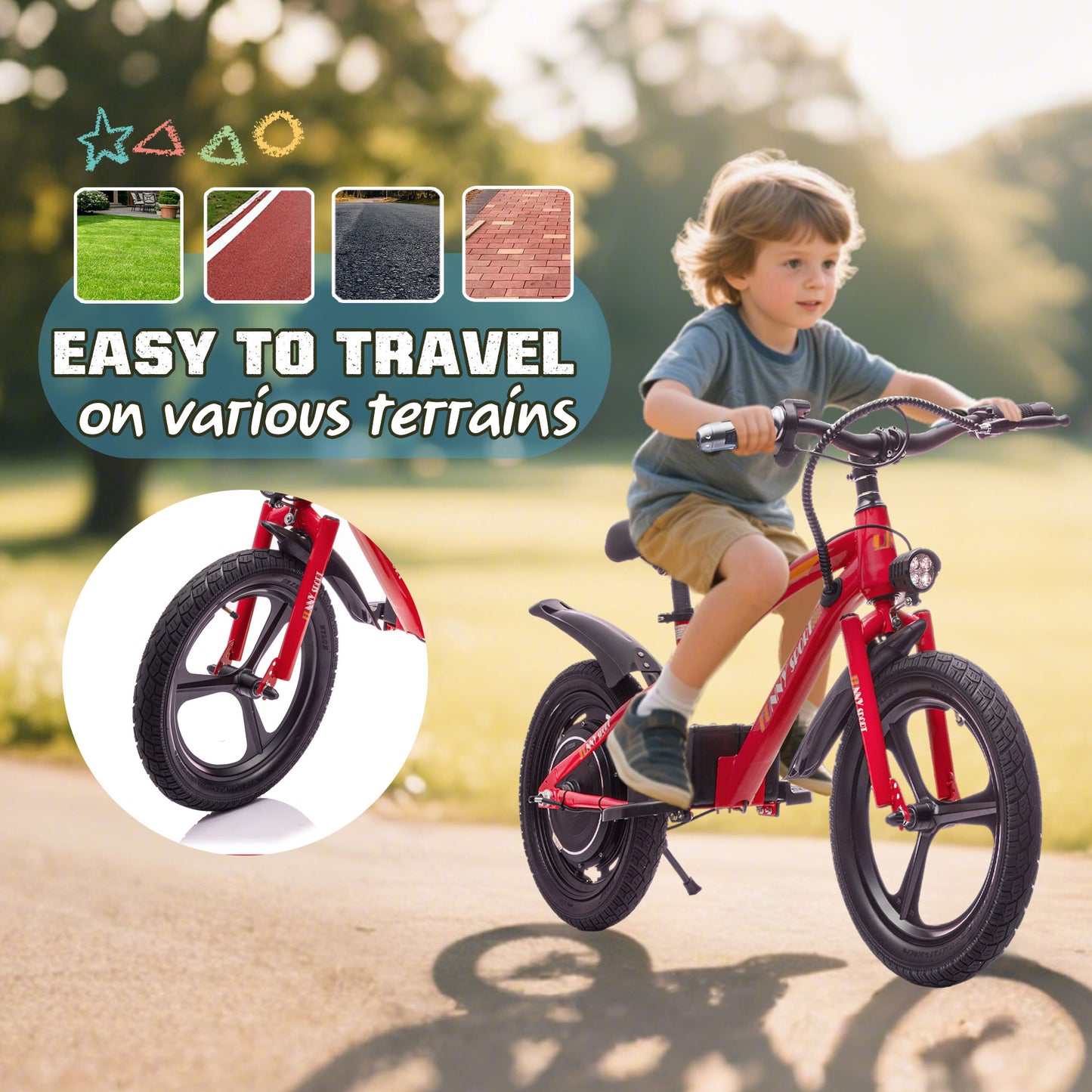 Track Seven 24V Kids Electric Dirt Bike, Ride on Mini Bike, 300W Super Power Motor, Up to 12.43 MPH, 16" Wheels, Adjustable Seat Height, Bright Headlight, Hand-Operated Brakes for Ages 5+, Red