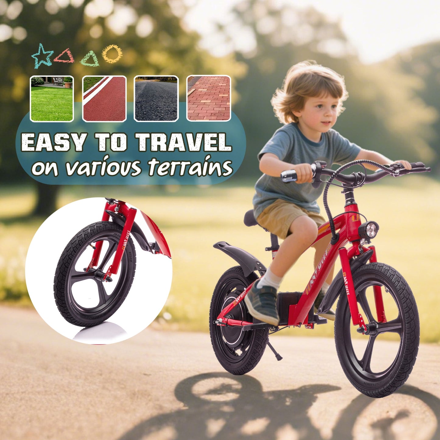Track Seven 24V Kids Electric Dirt Bike, Ride on Mini Bike, 300W Super Power Motor, Up to 12.43 MPH, 16" Wheels, Adjustable Seat Height, Bright Headlight, Hand-Operated Brakes for Ages 5+, Red