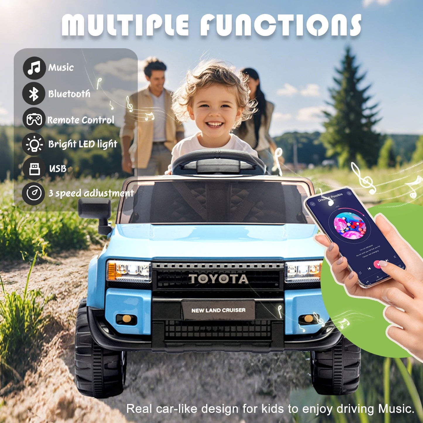 Track Seven 12V Ride on Car, Licensed Toyota LC250 Ride on Truck for Kids, Electric Car with Remote Control, Power Display, Music, Bluetooth, 12V Ride on Toy Car for Boys Girls Age 2+, Blue