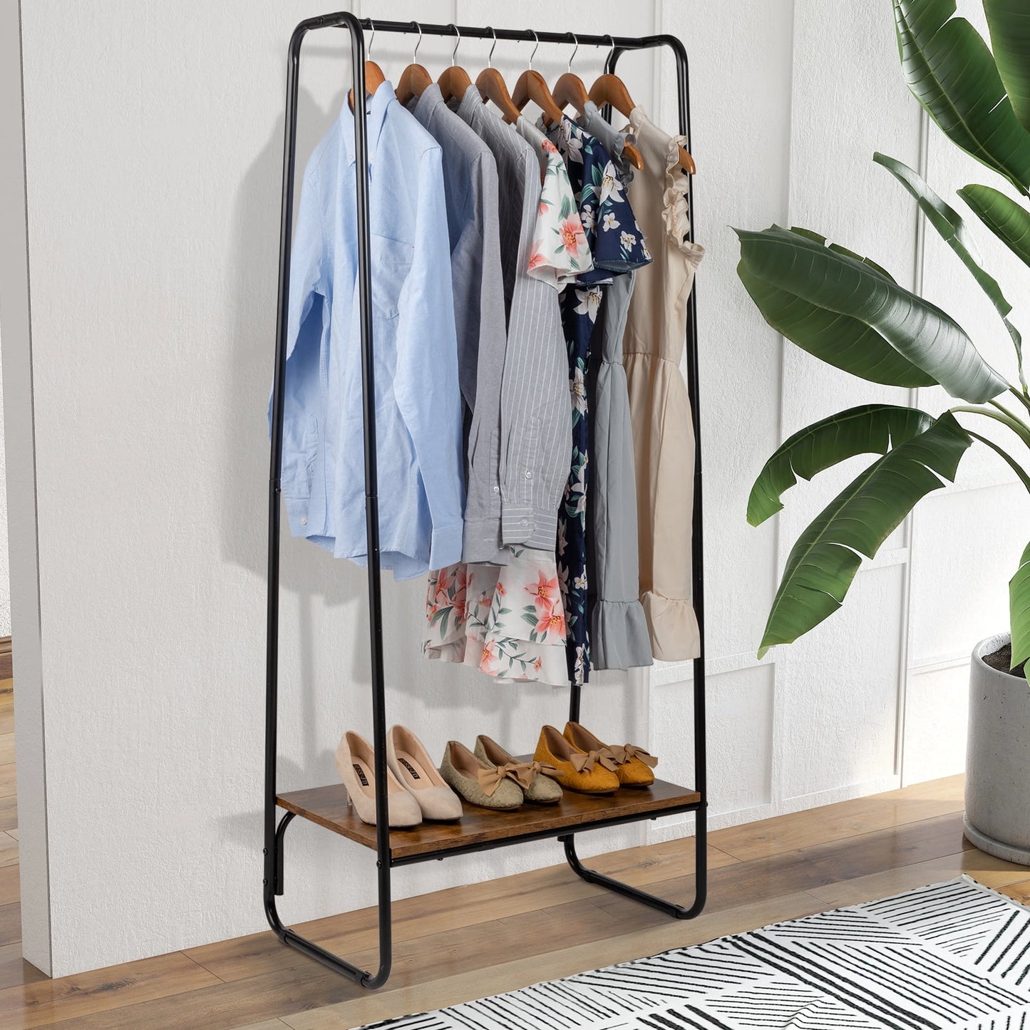 COOKCOK Clothes Rack for Hanging Clothes with Bottom Wood Shelf, Freestanding Clothing Rack, Easy to Assemble Garment Rack, Metal, Sturdy, Small Space Storage Rack, Brown