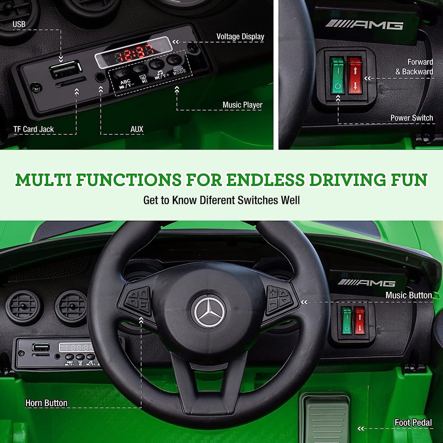 Track 7 Ride on Car with Remote Control, 12V Licensed Benz Electric Car for Kids Age 3+, AUX/FM/USB, Kids Ride on Toy Car, Green