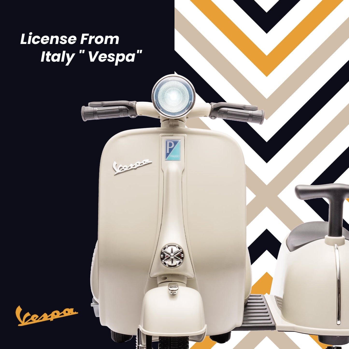 Track Seven Licensed Vespa Ride on Motorcycle with Side Car, 2-Seater Electric Car for Age 2+, Music, Storage Bin, Max Speed 3.7mph, Grey