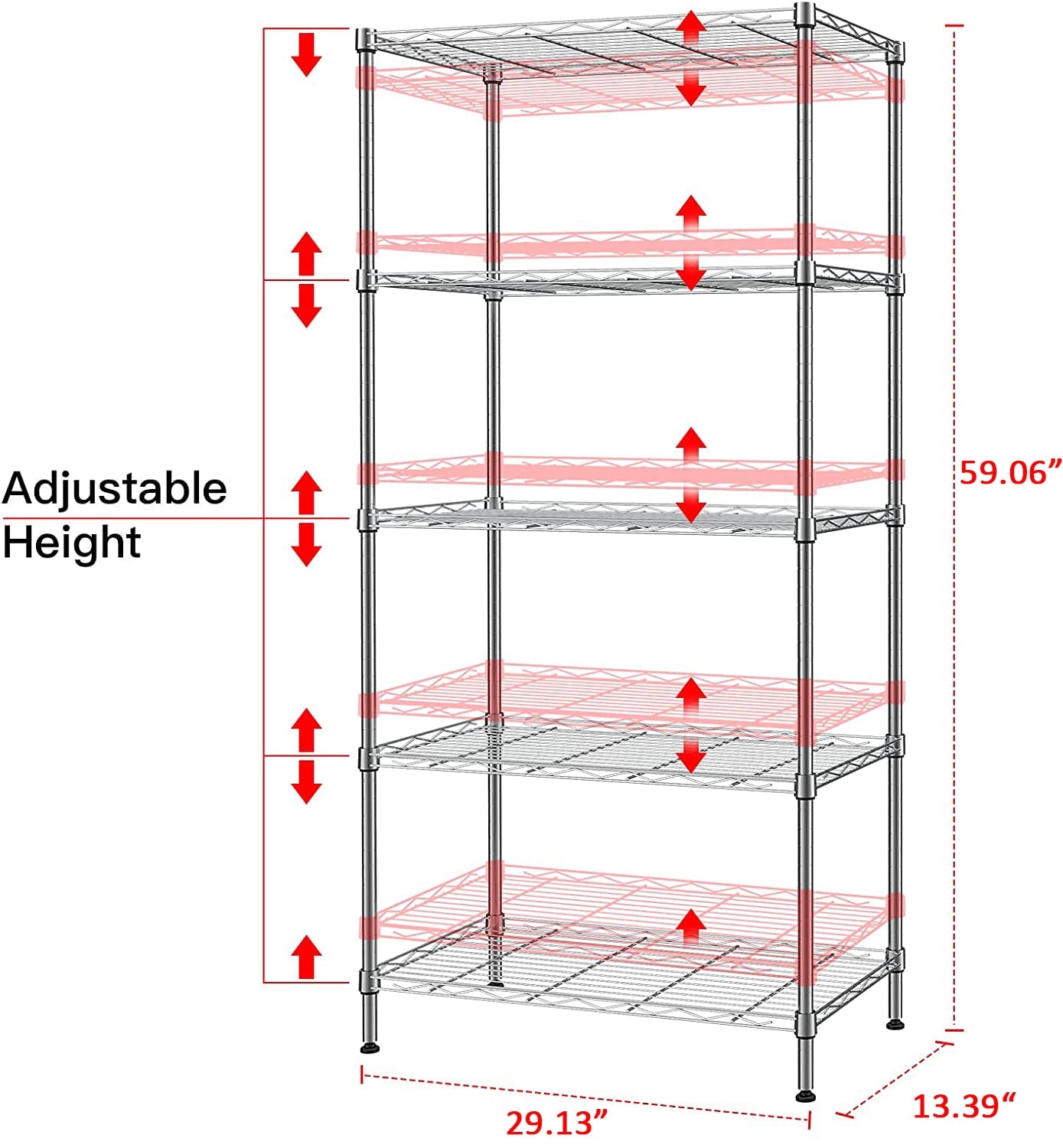 COOKCOK Wire Shelving Unit, 5-Tier Storage Shelf, 29.1"x 13.4"x 59.1" Metal Shelves, NSF Height Adjustable Heavy Duty Rack for Home Kitchen Bathroom Garage, 551lbs Capacity, Silver