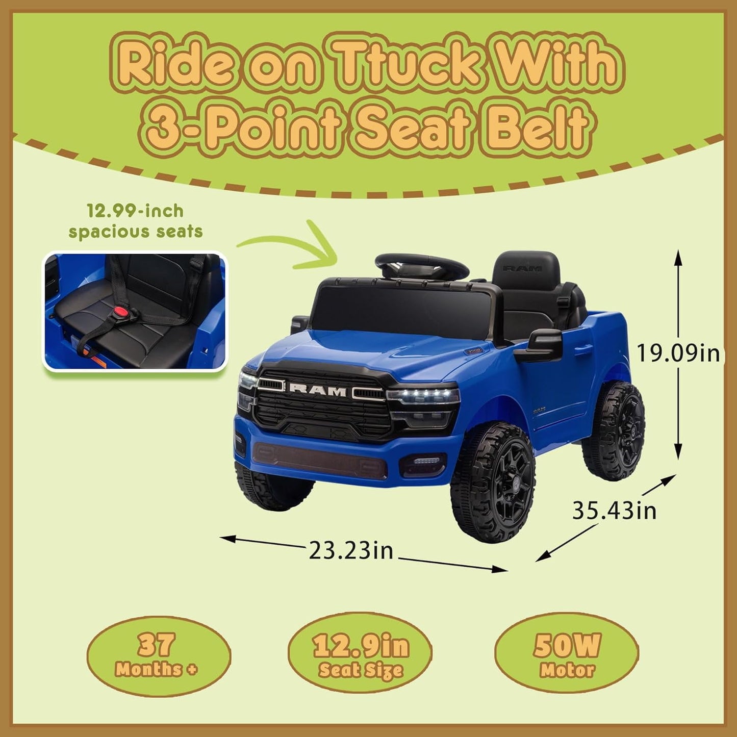 Track Seven 12V Ride on Car, Licensed Dodge RAM 3500 Ride On Truck with Remote Control, Rear Shock Suspension, LED Headlights, Low Battery Alarm, Bluetooth, Music, Ride on Toy for Kids Aged 3+, Blue