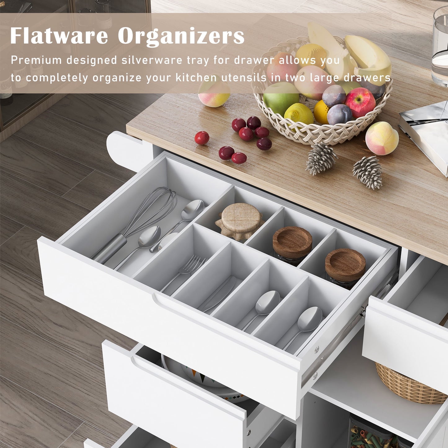 COOKCOK Kitchen Cart with Wood Countertop, Rolling Kitchen Storage Cabinet on Wheels with 8 Handle-Free Drawers, Rolling Mobile Kitchen Island with Towel Rack, 53.2" Width, White