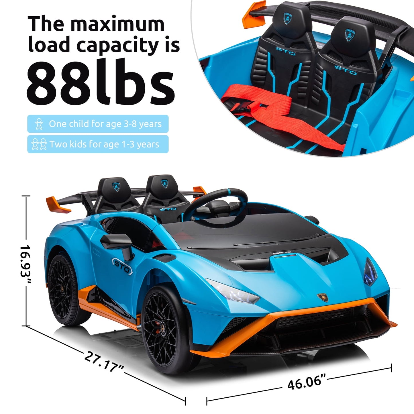 Track Seven 24V Kids Ride on Car, Licensed Lamborghini STO Electric Car for Boys Girls, Ride on Drift Car with Remote Control, Music, 360° Spin, Max Speed 6mph, Blue