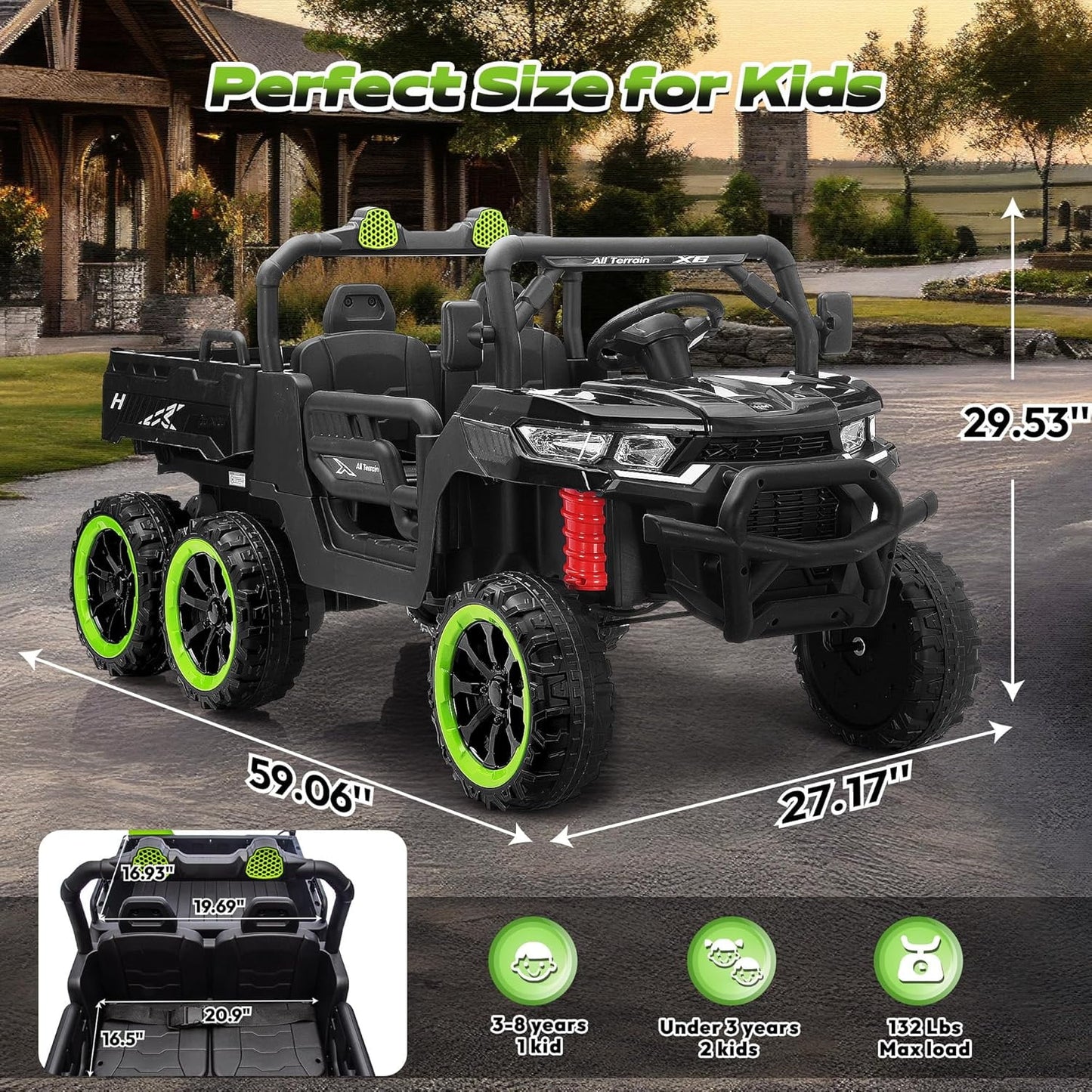 Track Seven 24V 2-Seater Ride on Dump Truck, 4WD 6-Wheel Kids Ride on Car w/Remote Control, Electric Dump Bed, Toy Shovel, Music, Max Speed 5 mph, 21" Large Seat, Ride on Toy for Kids Age 3+, Black