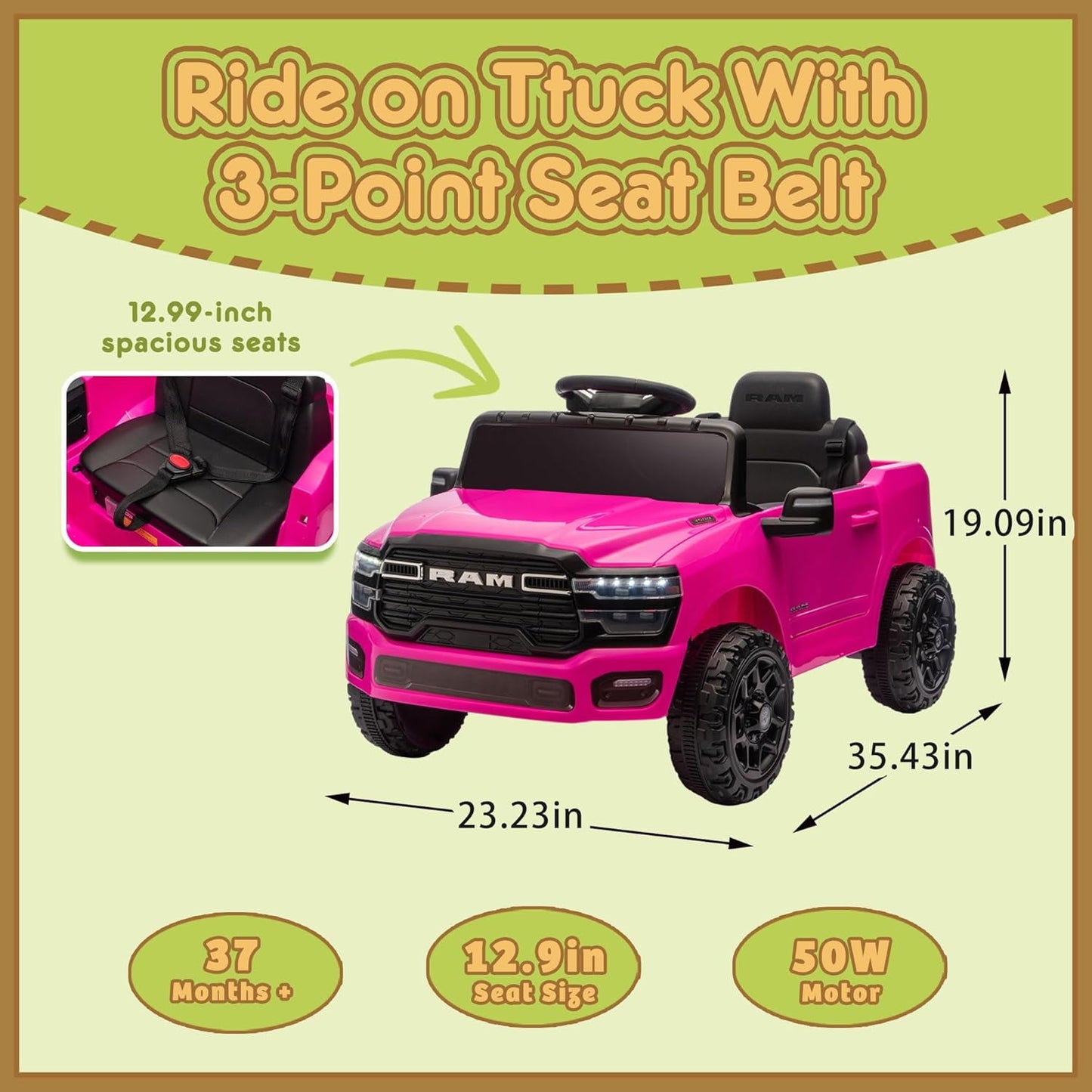 Track Seven 12V Ride on Car, Licensed Dodge RAM 3500 Ride On Truck with Remote Control, Rear Shock Suspension, LED Headlights, Low Battery Alarm, Bluetooth, Music, Ride on Toy for Kids Aged 3+, Pink