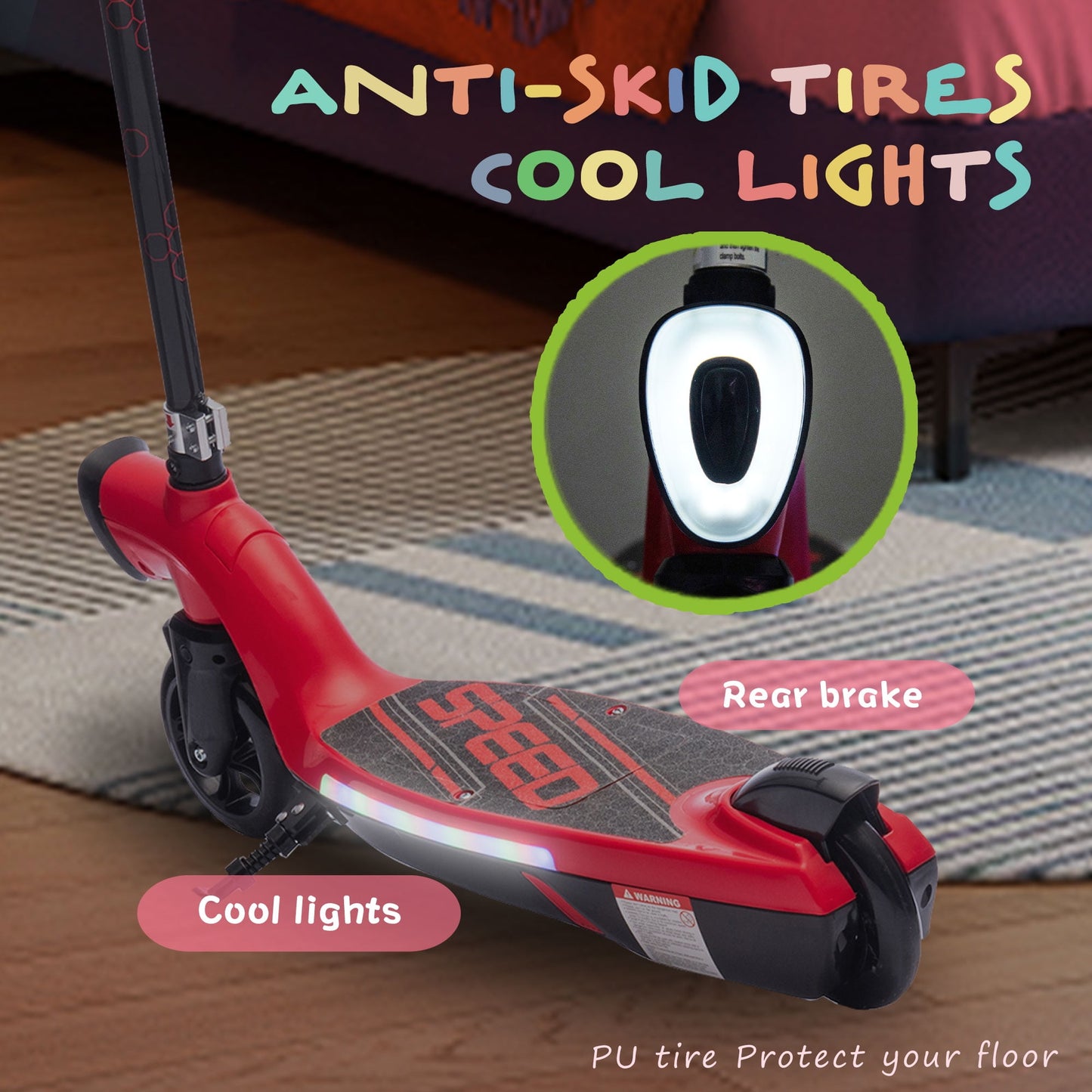 Track Seven 12V Electric Scooter for Kids, Front Big Light, Colorful Lights, Bell, 6.5" Wide Pedal, Rear Wheel Brake, Max 6.84MPH, Kids Electric Kick Scooters for Teens Boys Girls Aged 6+, Red
