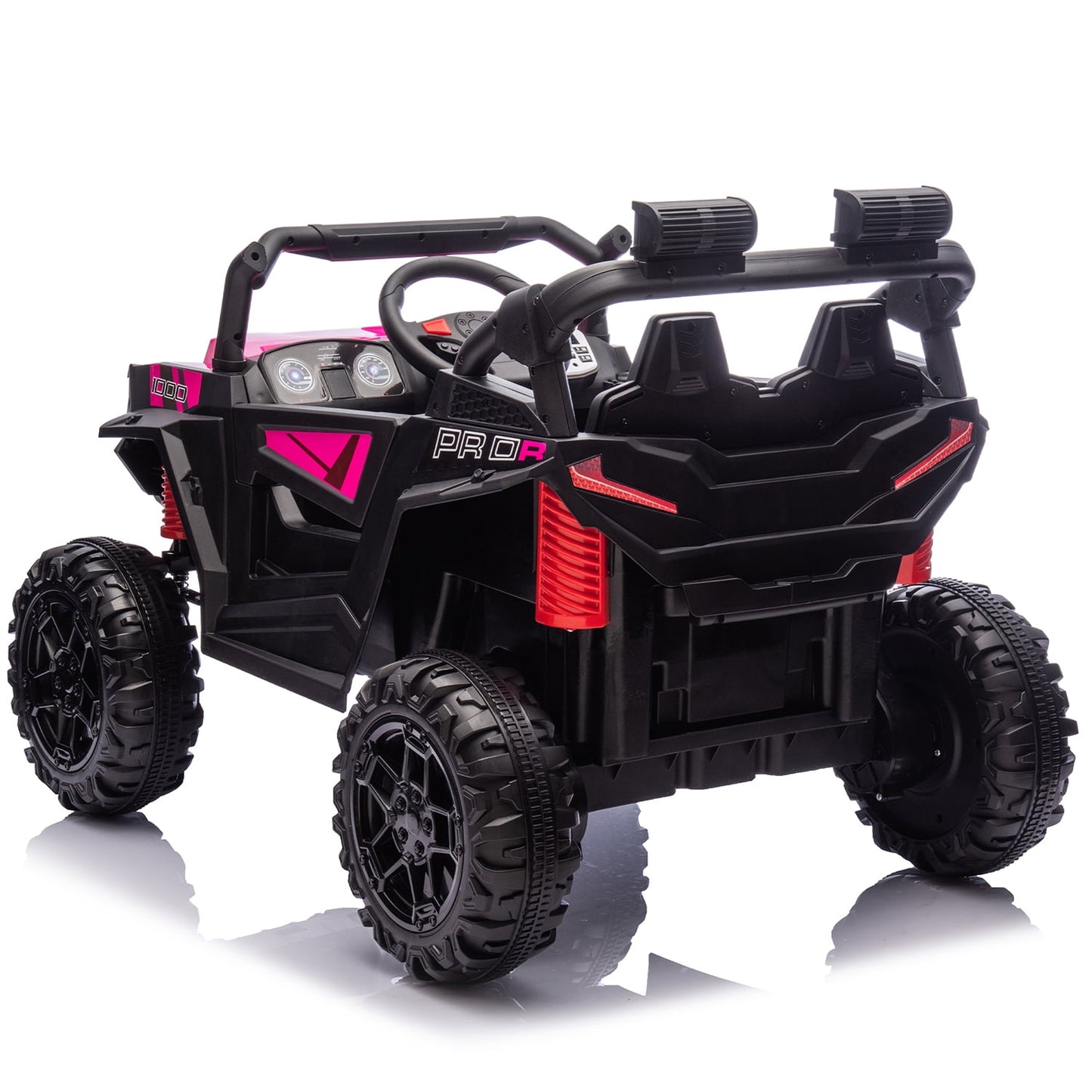 Track Seven 24V Ride on Car, 2WD Electric Off-Road UTV Truck w/ 400W Motors, Remote Control, Large Seat, Bluetooth, Lights, Power Display, Portable Handle, Electric Car for Boys Girls Aged 3+, Pink