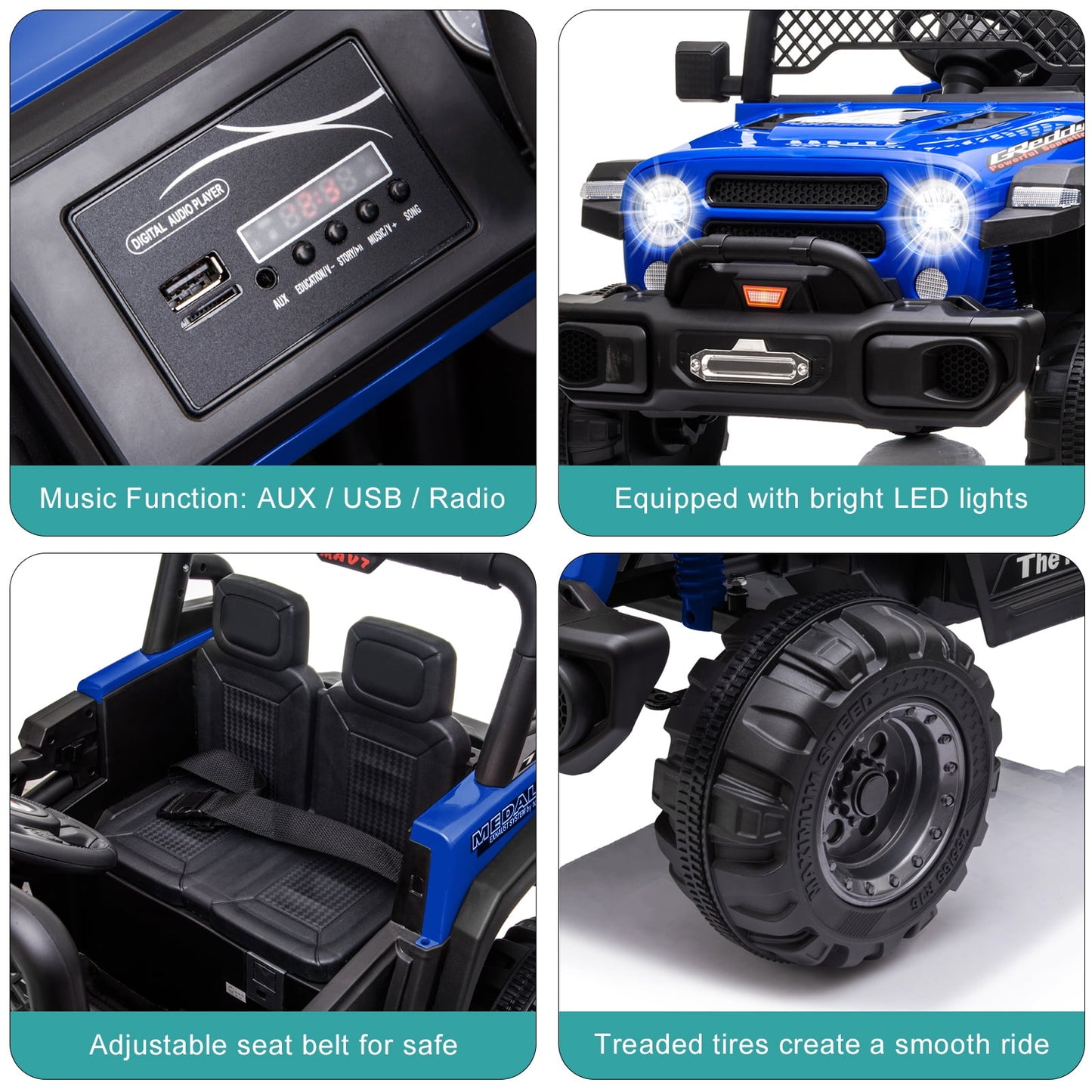 Track 7 12V 2-Seats 2WD off-road vehicle for kid 3+, 2 speed adjustable, with Parent Remote Control, Music, Blue