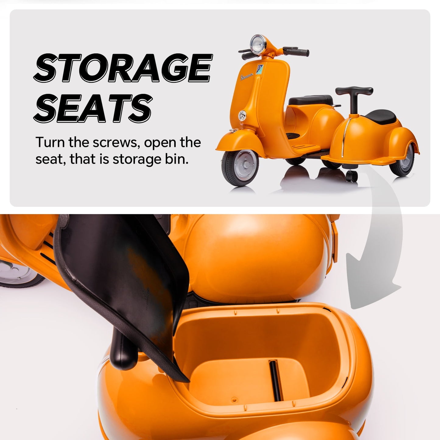 Track Seven 2-Seater Ride on Motorcycle, Licensed Vespa Electric Motorcycle with Side Car, 2-Seater Ride on Car, Music, Storage Bin, Max Speed 3.7mph, Orange