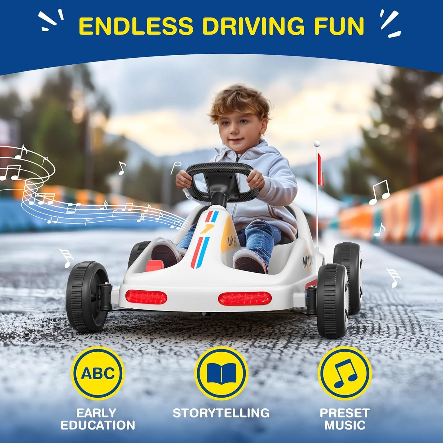 Track Seven 12V Ride on Car, Kids Electric Drifting Go Kart with Remote Control, Flashing Taillight, Bluetooth, Storytelling, Max Speed 3.7 mph, Portable Electric 4-Wheeler Car for Kids Age 3+, White
