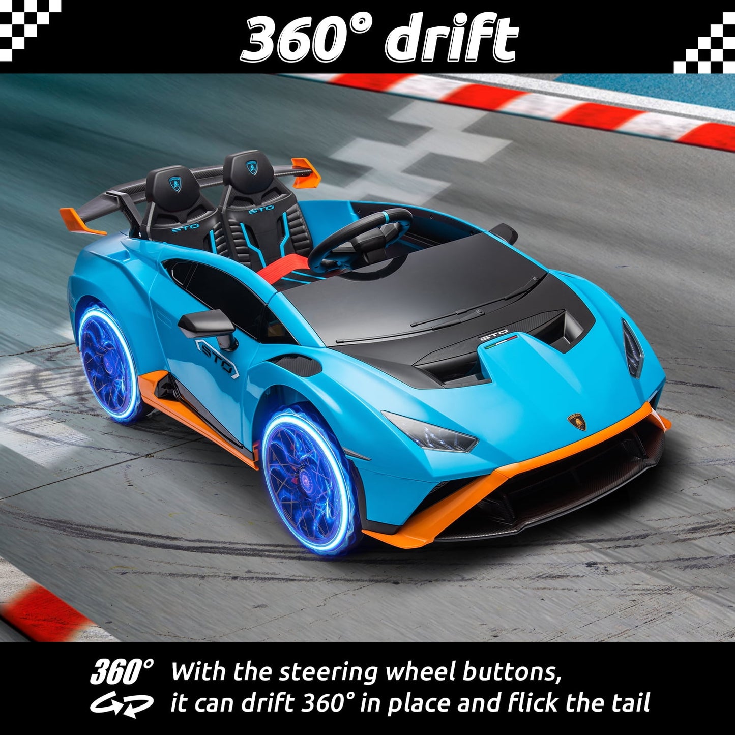 Track Seven 24V Kids Ride on Car, Licensed Lamborghini STO Electric Car for Boys Girls, Ride on Drift Car with Remote Control, Music, 360° Spin, Max Speed 6mph, Blue