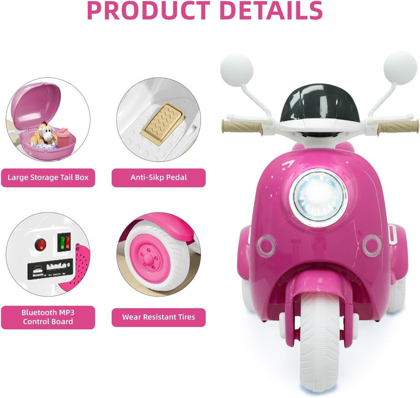 Track Seven 12V Kids Ride on Motorcycle, 2 Seats Kids Motorcycle, 3 Wheels Powered Motorbike for Kids, Mp3, Bluetooth, Headlight, Storage Box for Kids Aged 3+, Rose Red