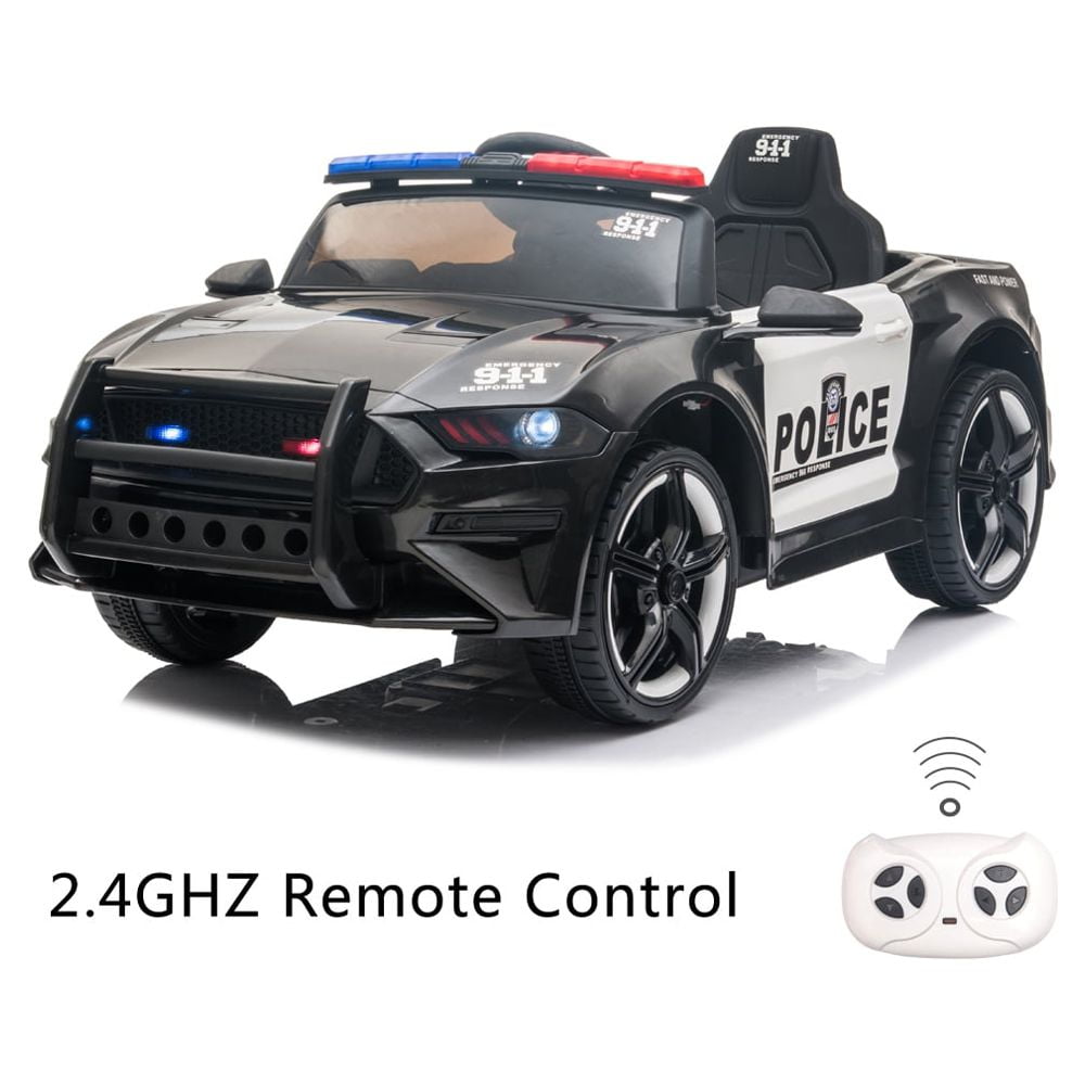 Track 7 12V Kids Police Sports Car, 2.4GHZ Remote Control, LED Lights, Siren, Microphone, Black