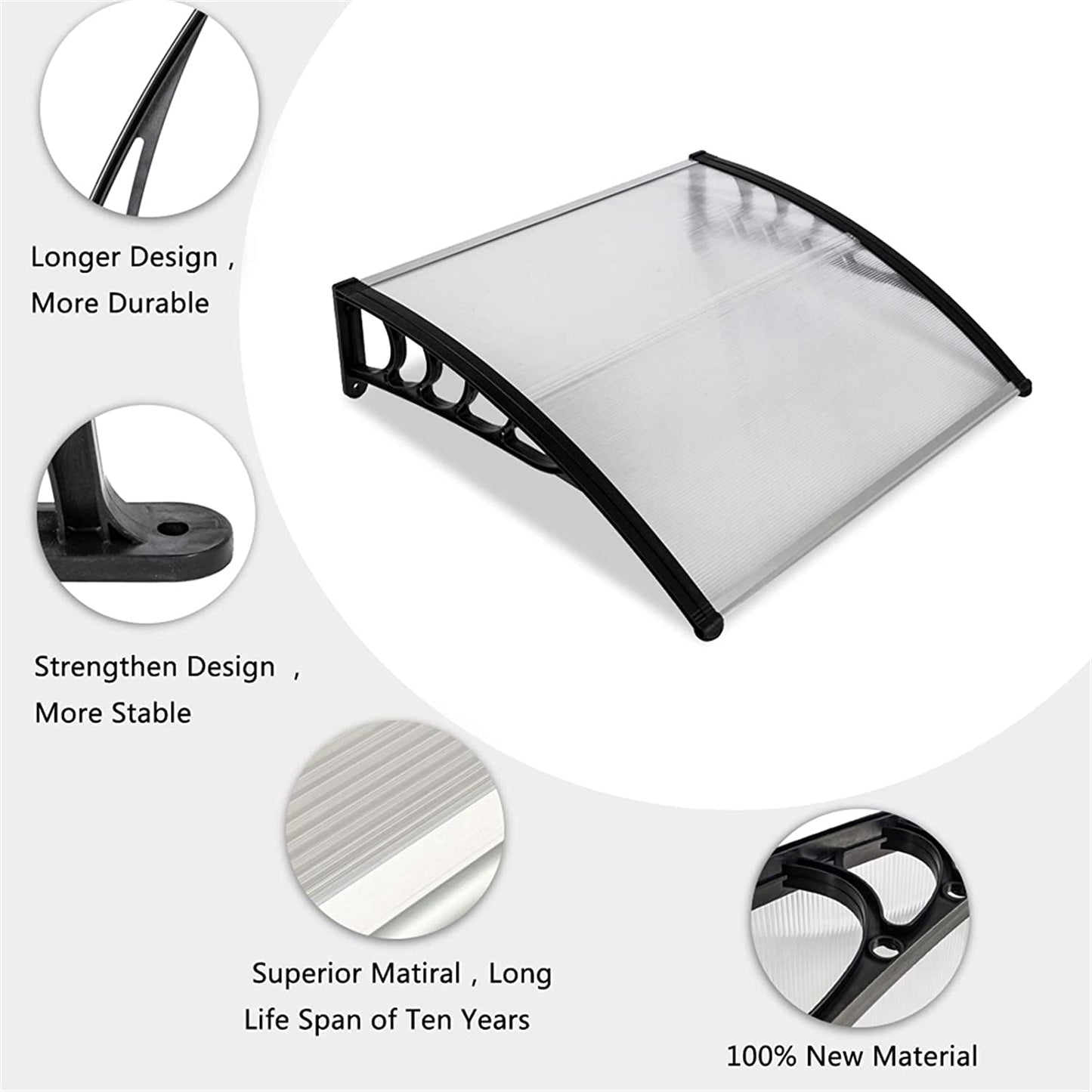 COOKCOK Window Awning Door Canopy, 30"x 40" Window Awning Overhead Door Modern Polycarbonate Cover Outdoor Front Door Patio Canopy UV Rain Snow Sunlight Protection Hollow Sheet/Black