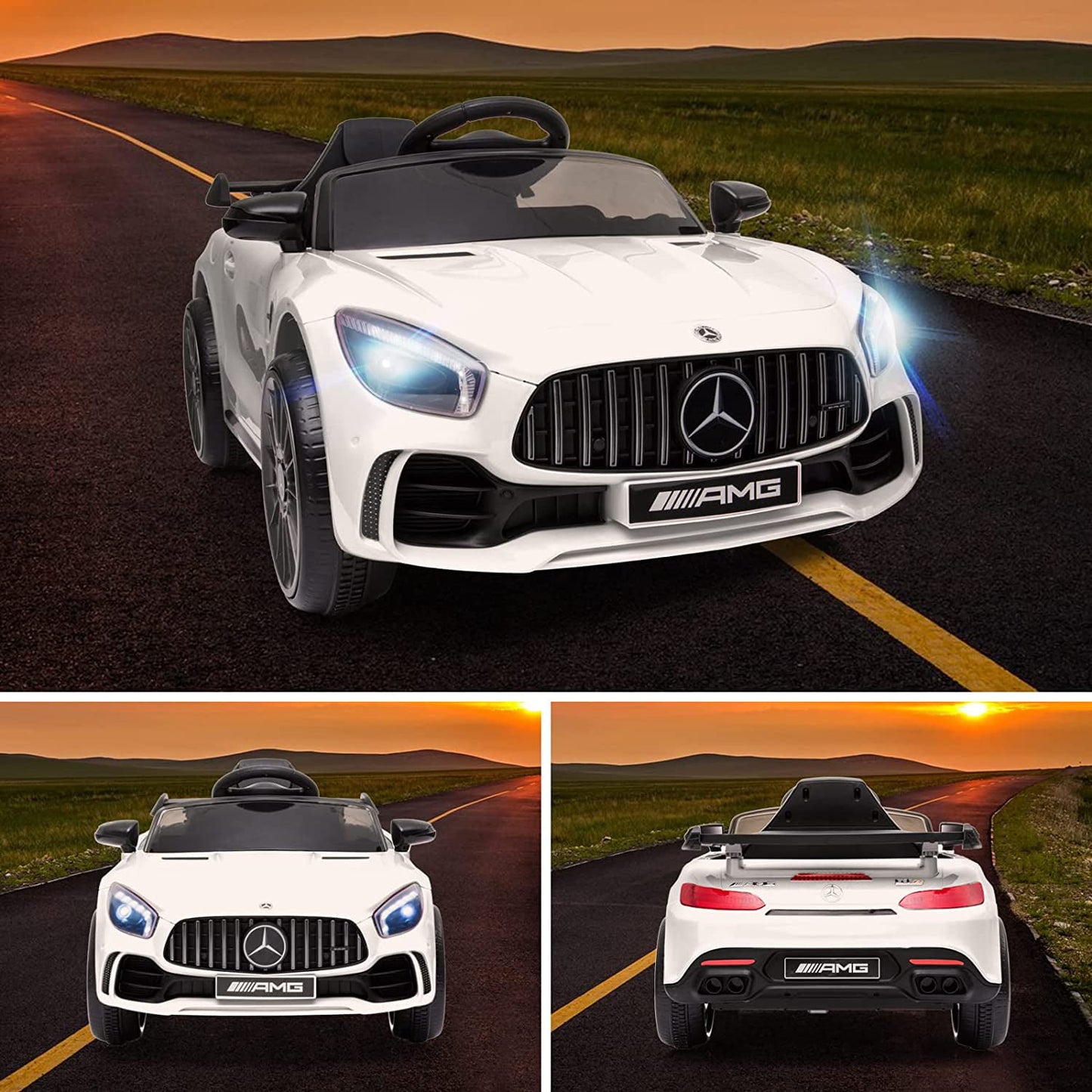 Track 7 Ride on Car with Remote Control, Licensed Benz Electric Car for Kids, 12V Electric Vehicles with AUX/FM/USB, LED Lights, White