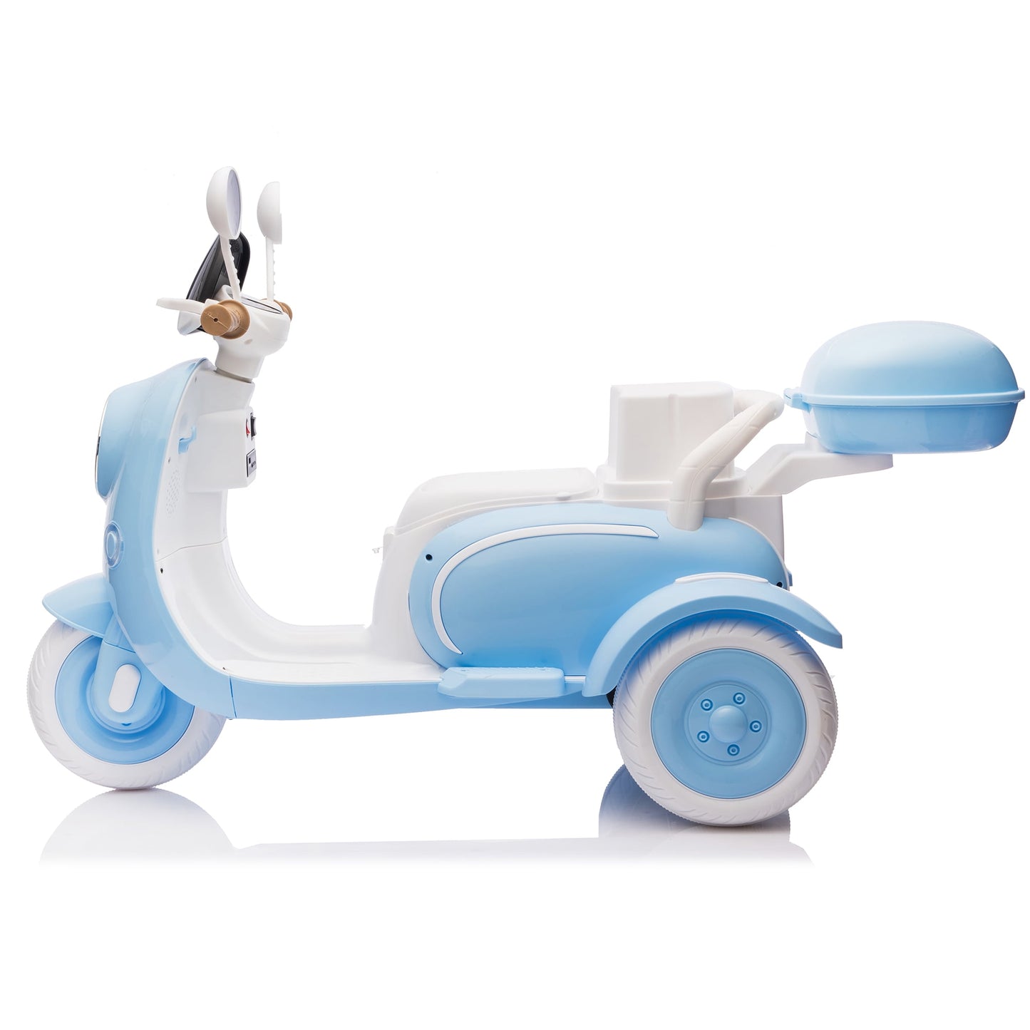 Track Seven 12V Ride on Motorcycle, 2-Seater Electric Motorcycle with Dual Motor, 3 Wheels Motorbike with Bluetooth, LED Lights, Storage Box, Front Hook, Ride on Toy Car for Boys Girls Aged 3+, Blue