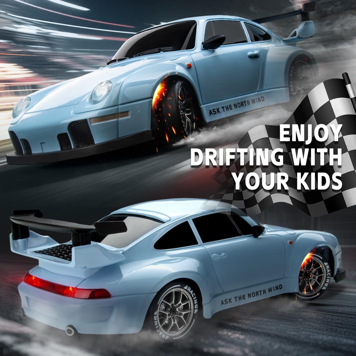 Track Seven RC Drift Car, 1:24 Scale Remote Control Vehicle with LED Lights, 2.4GHz 20KM/H 4WD High Speed RC Cars, Drifting Tires&Two Batteries, Racing Sports Toy Idea Gift for Adults Boys Girls