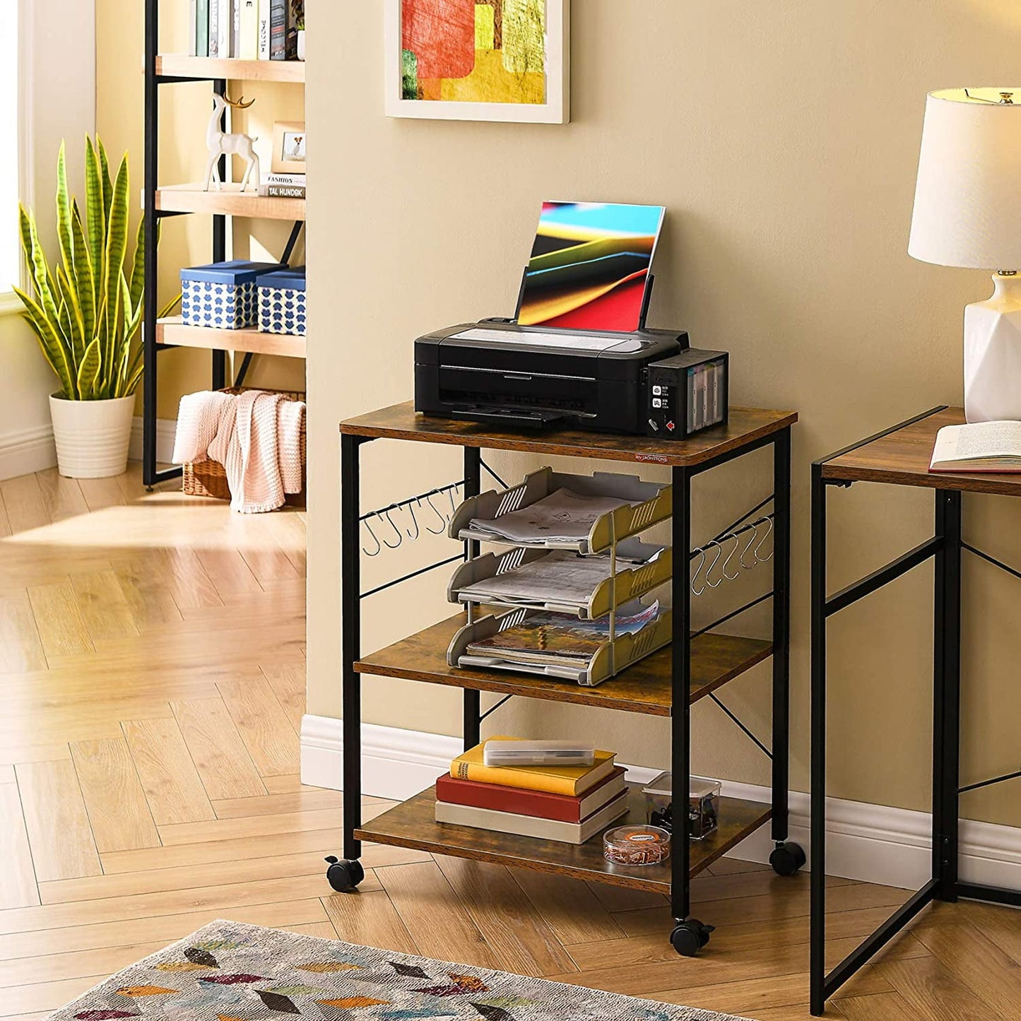 COOKCOK Baker's Rack, Kitchen Microwave Cart, Coffee Bar Table Station, 3-Tier Kitchen Utility Storage Shelf with Rolling Wheels , 10 Hooks, Brown