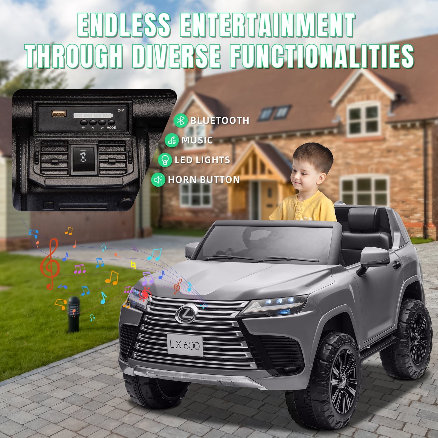 Track Seven 24V 2 Seater Ride on Car, Licensed LEXUS LX600 Electric Car with Remote, 20" Width Seat, Bluetooth, LED Lights, Key Start, Portable Handle, 24V Ride on for Boys Girls Age 3+, Grey