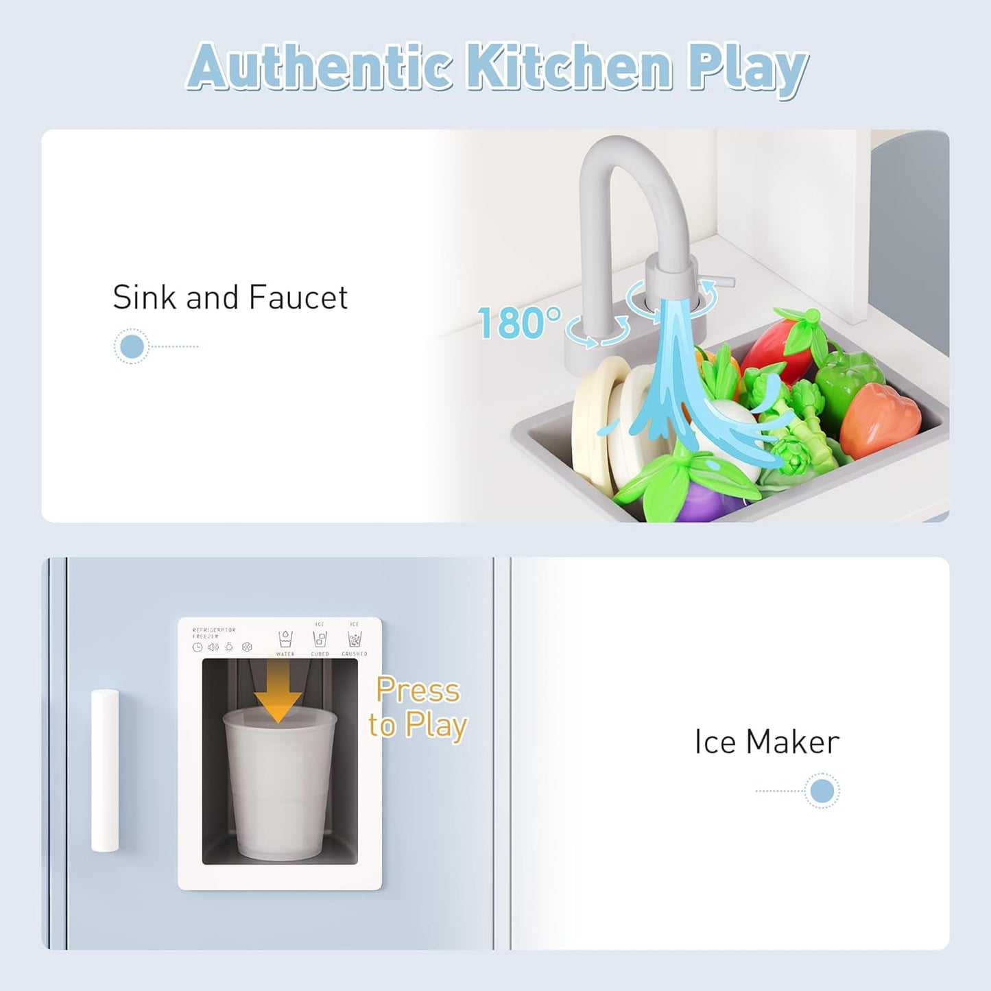 Track Seven Play Kitchen for Kids, Wooden Kids Kitchen Playset with Storage and Realistic Details, Pretend Play Kitchen Set with Ice Maker, Clicking Knobs, Sink, Washing Machine For Toddlers Ages 3+