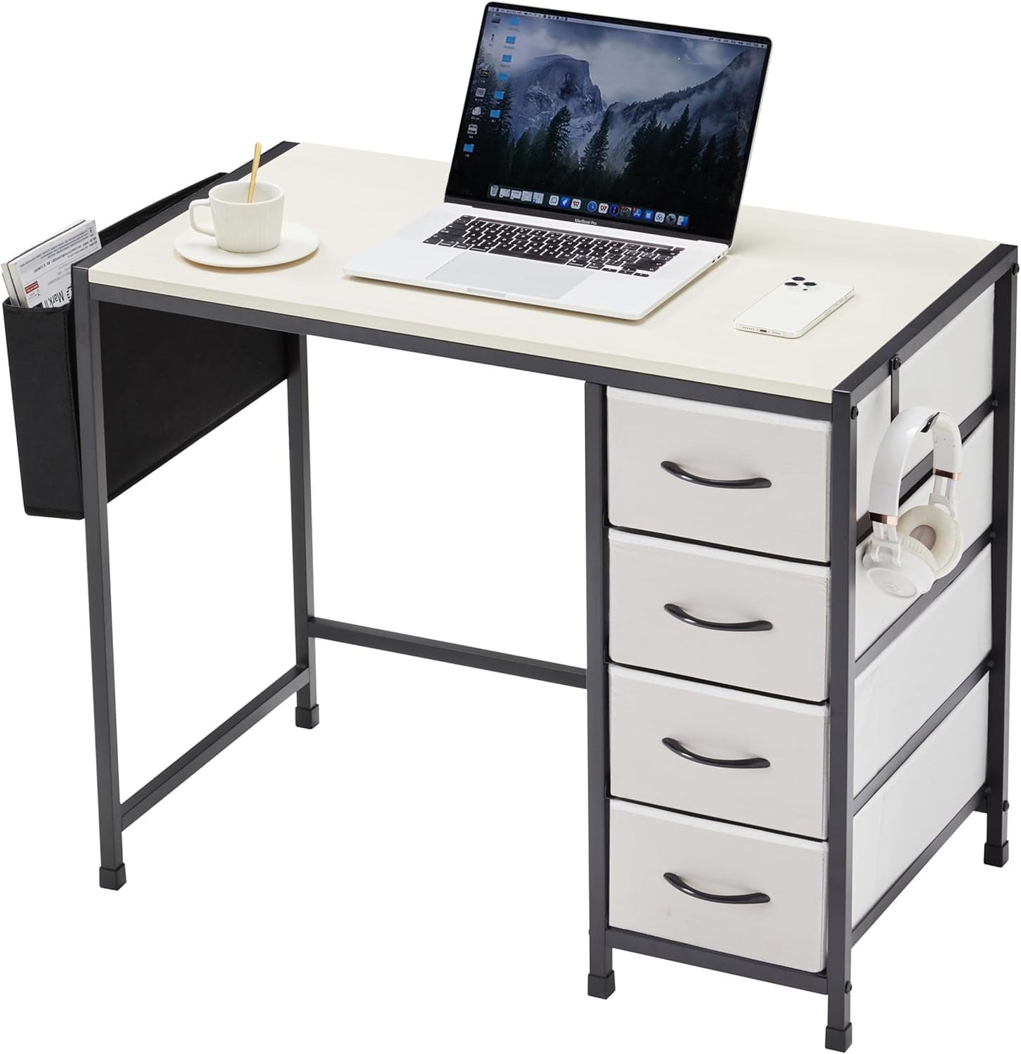 COOKCOK Computer Desk with Fabric Drawers Office Small Desk 36" Wide Desk with Headphone Hooks & Storage Bag for Student Kids Reading Table for Small Spaces, White