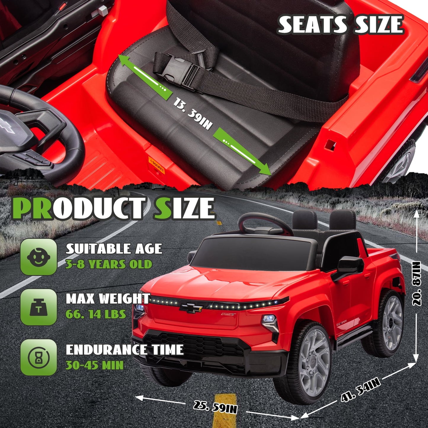Track Seven 24V Ride on Car, Licensed Chevrolet Silverado Electric Car Truck with Remote Control, Bluetooth, LED Lights, Power Display, Rear Storage Ride on Toy Car for Boys Girls Age 3+, Red