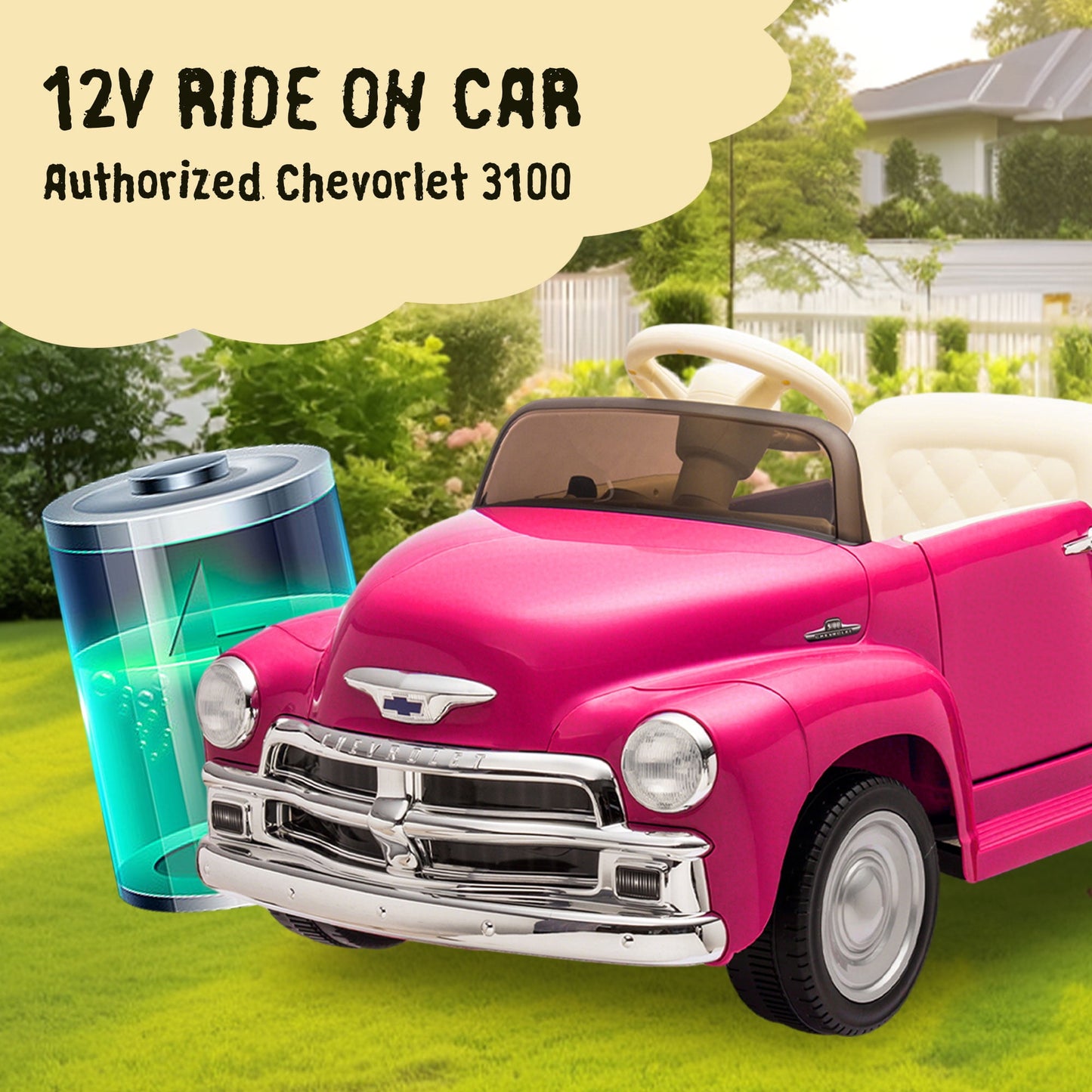 Track Seven 12V Kids Ride on Car, Licensed Chevrolet 3100 Pickup Electric Car with Remote Control, LED Lights, Bluetooth, Power Indicator, Storage, Kids Ride on Truck Toy for Boys Girls Age 3+, Pink