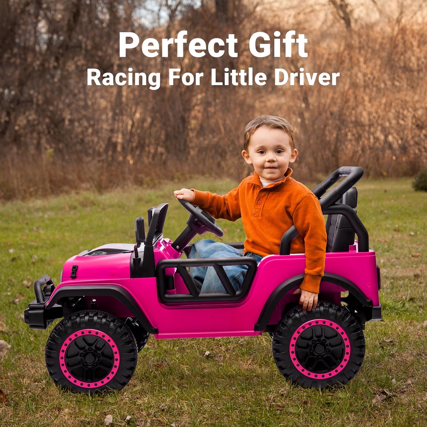 Track Seven 24V Ride on Truck, Electric Car for Boys Girls, Ride on Car with Remote Control, Music, Bluetooth, Lights, Spring Suspension, Max Speed 5 mph, Pink