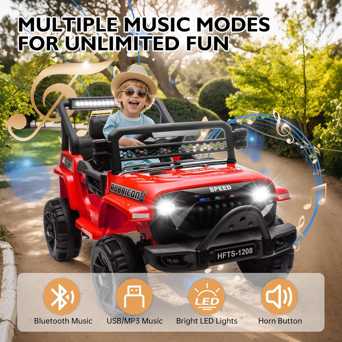 Track Seven 12V Ride on Truck for Kids, 12V Kids Electric Car w/Remote Control, USB, Bluetooth, Microphone Jack, Power Display, Lights, Battery Powered Ride on Car for Boys Girls, Red
