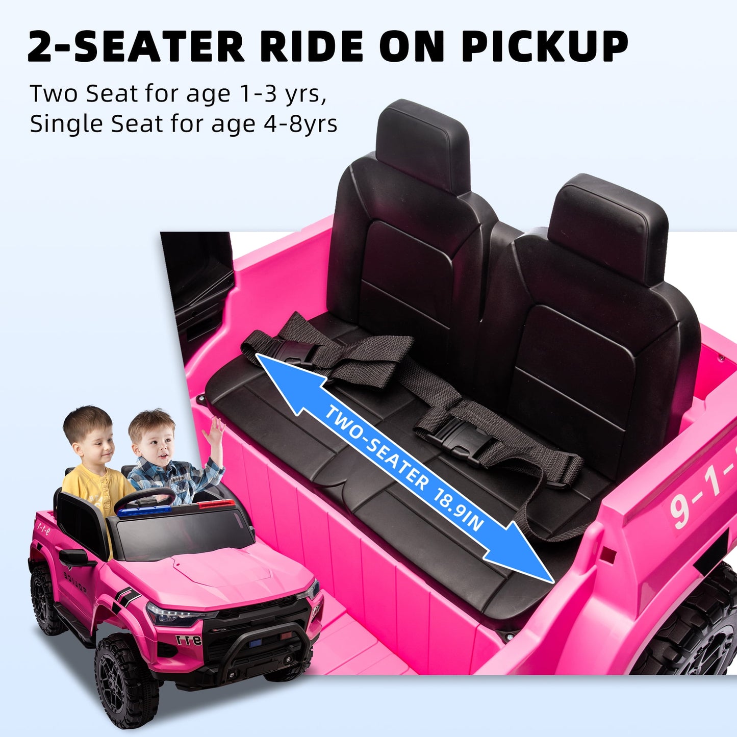 Track Seven 24V Ride on Car, 2-Seater Kids Ride on Pickup Police Car with Remote Control, Bluetooth, 4 x 200W Motor Electric Car, 3 speeds, LED Lights, Spring Suspension, Pink
