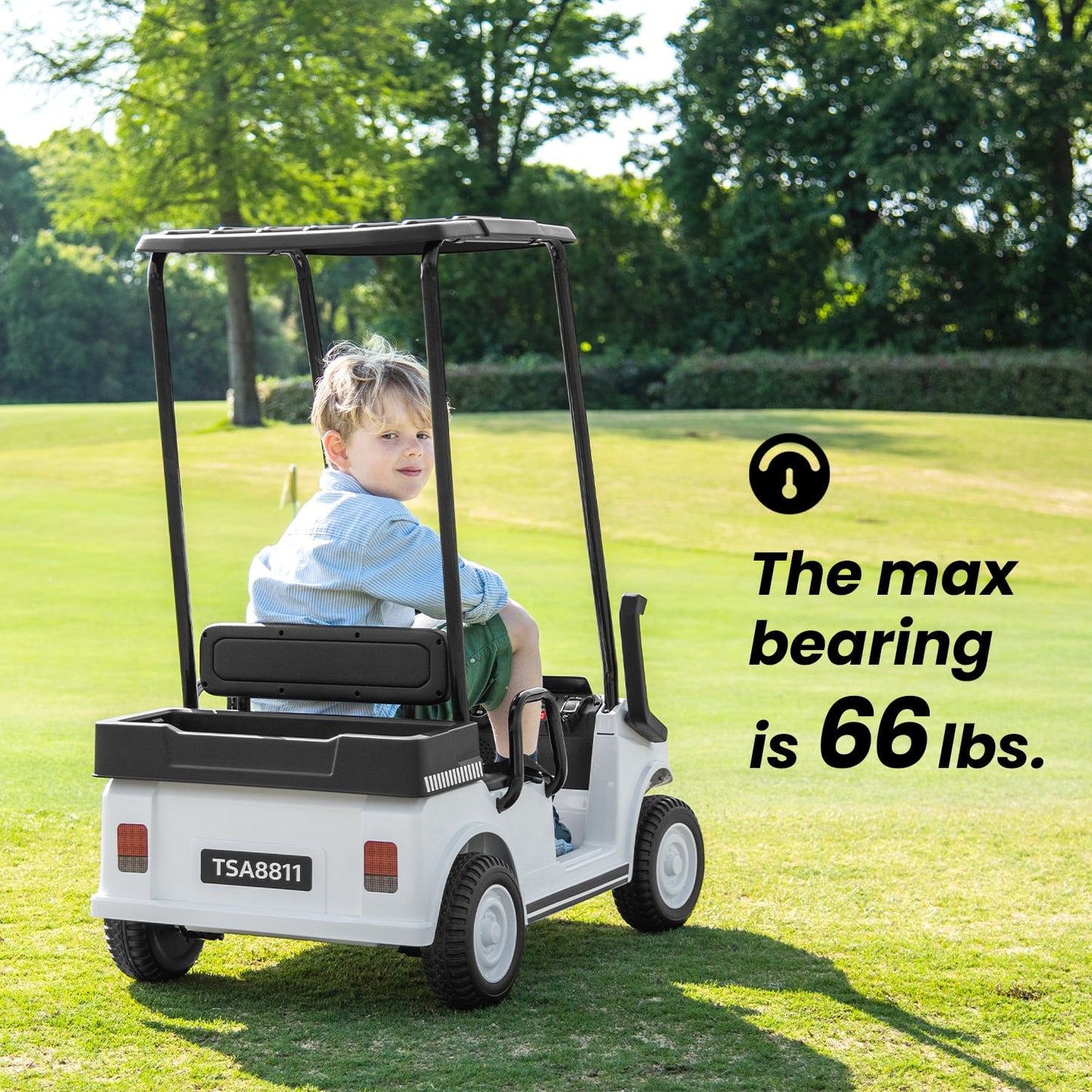 Track Seven 24V Ride on Car, Electric Golf Cart with Ceiling, Ride on Truck with Remote Control, Music, Rear Storage Box, Electric Car for Boys Girls Age 3+, 18.5" Large Seat with Armrests, White