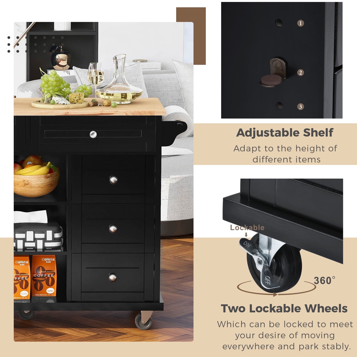 COOKCOK Kitchen Cart with Wood Countertop, Rolling Mobile Kitchen Island Cart with 5 Drawers, Open Storage Shelves, Towel Rack, 53" Width, Black