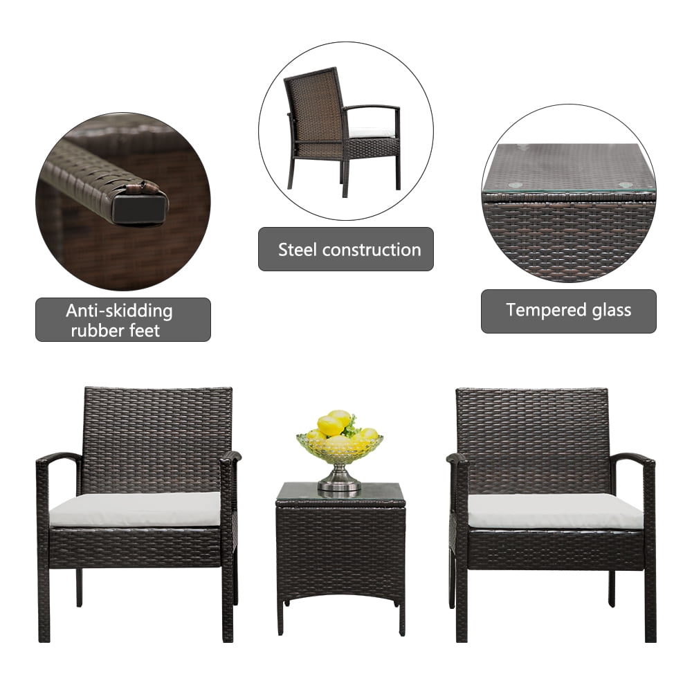COOKCOK 3 Pieces Patio Set Outdoor Wicker Patio Furniture Sets Modern Bistro Set Rattan Chair Conversation Sets with Coffee Table for Yard and Bistro,Black