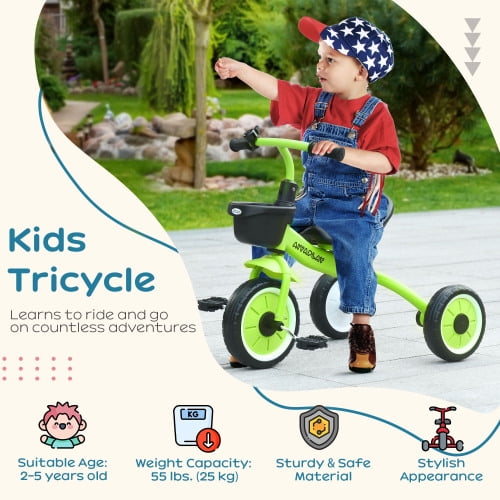 Track 7 Kids Tricycle for Toddlers Age 2-5 with Adjustable Seat, Toddler Bike for Children with Basket, Bell, Handlebar Grips, Gift for Boys Girls, Green