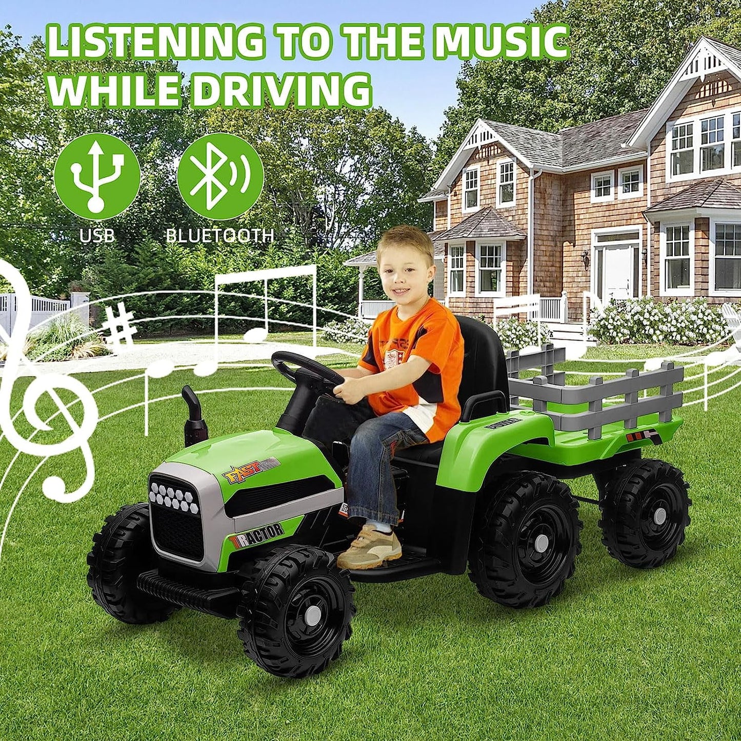 Track Seven 24V Ride on Tractor with Trailer, 400W Motor, 6-Wheels Ride on Truck Car with Remote Control, Music, Lights, Electric Tractor Max Speed 5 mph, Green