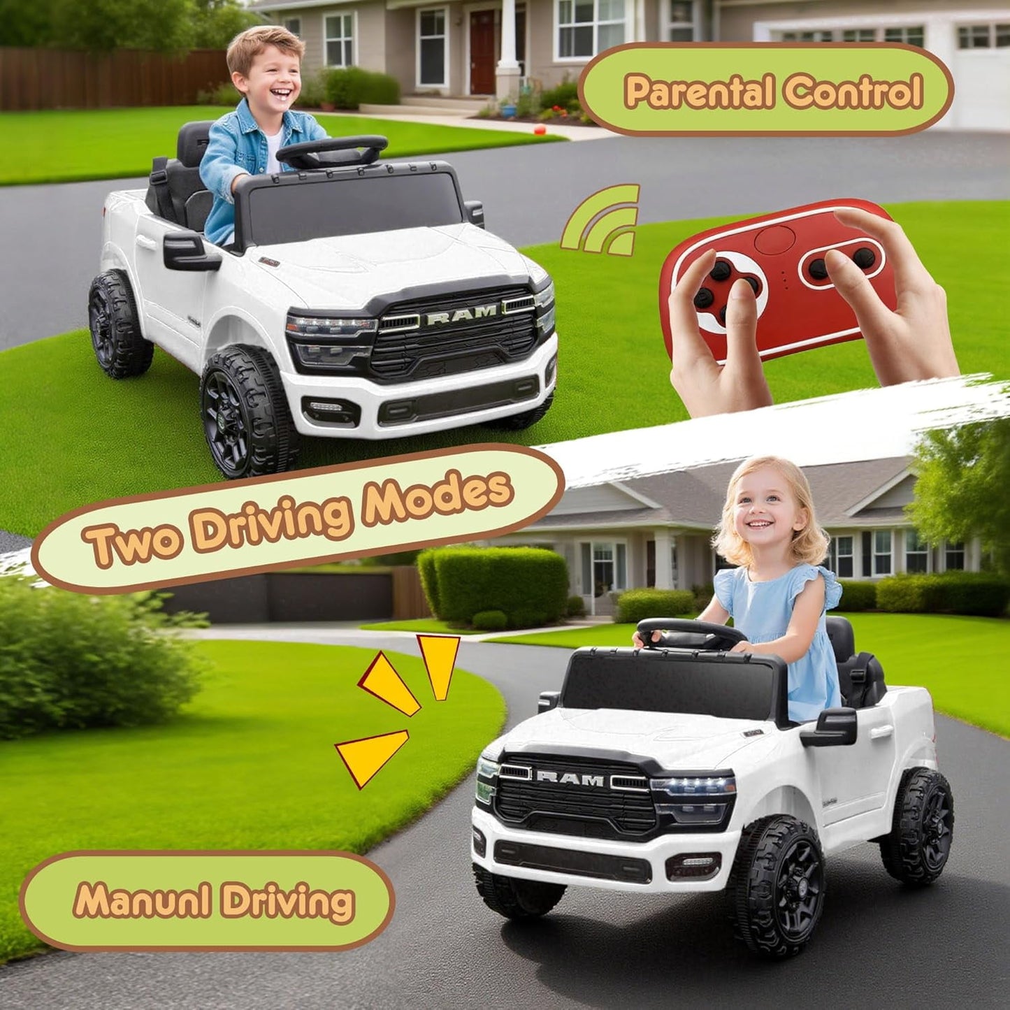 Track Seven 12V Ride on Car, Licensed Dodge RAM 3500 Ride On Truck with Remote Control, Rear Shock Suspension, LED Headlights, Low Battery Alarm, Bluetooth, Music, Ride on Toy for Kids Aged 3+, White