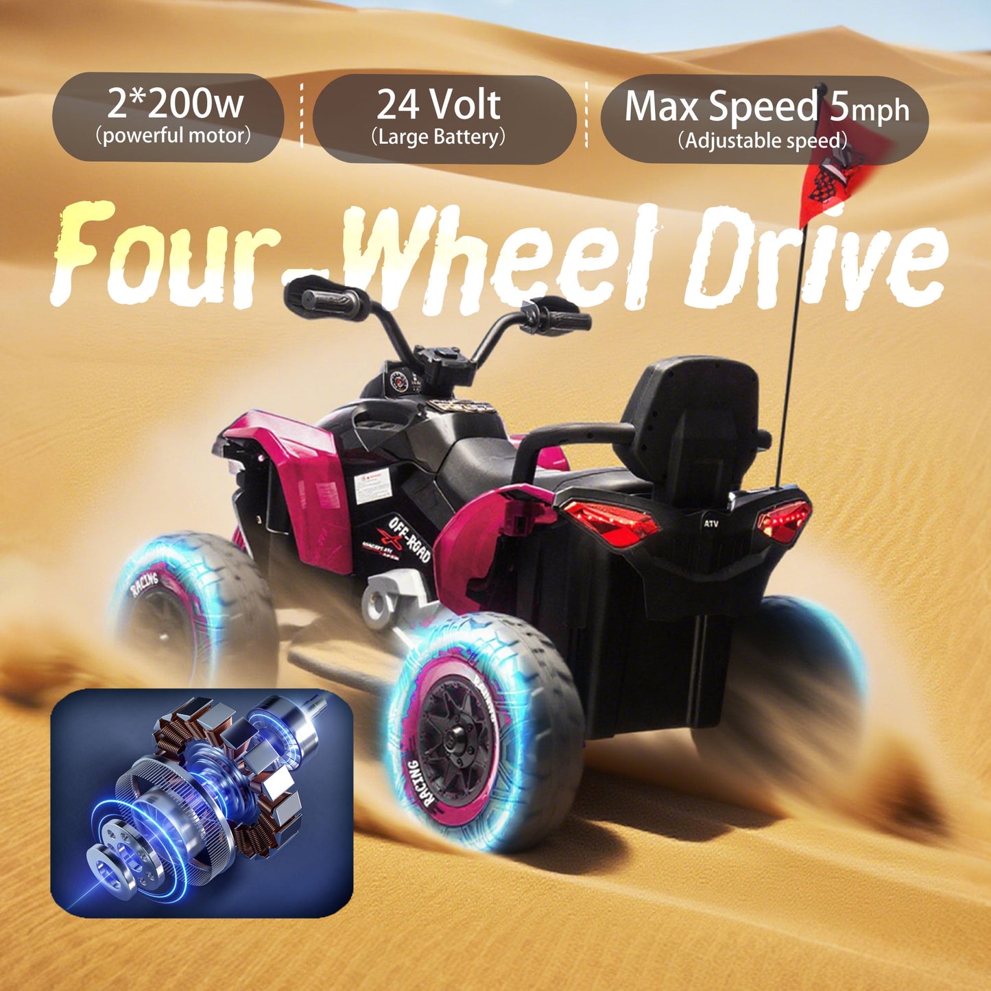 Track Seven 24V Kids Ride-On ATV, Four Wheeler Quad Electric Car with Remote, 2 Speeds, Bluetooth, LED Light, English Storytelling, Shock Absorber, Kids Electric ATV for Boys Girls Aged 3+, Pink