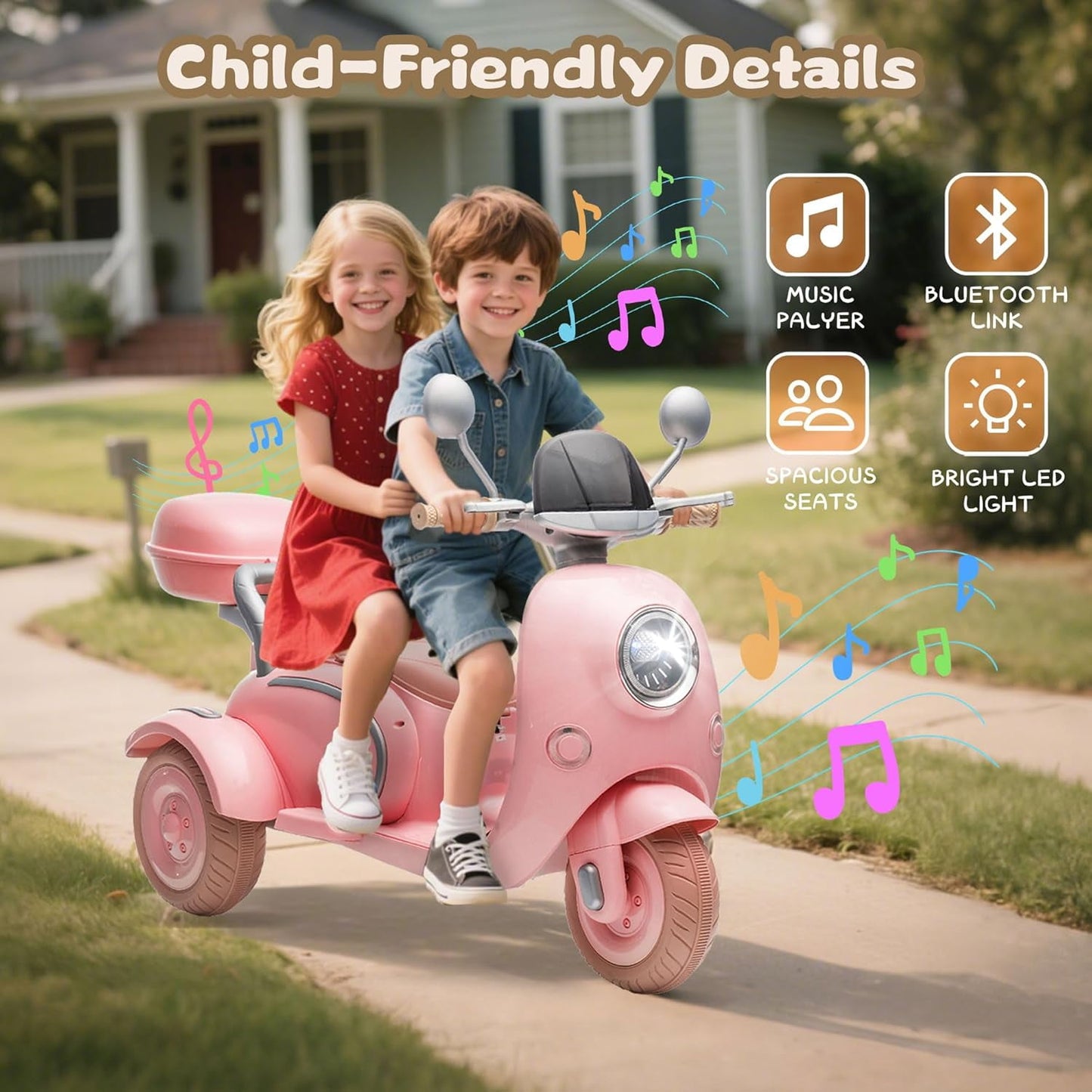 Track Seven 12V Ride on Motorcycle, 2-Seater Electric Motorcycle with Dual Motor, 3 Wheels Motorbike with Bluetooth, LED Lights, Storage Box, Front Hook, Ride on Toy Car for Boys Girls Aged 3+, Pink