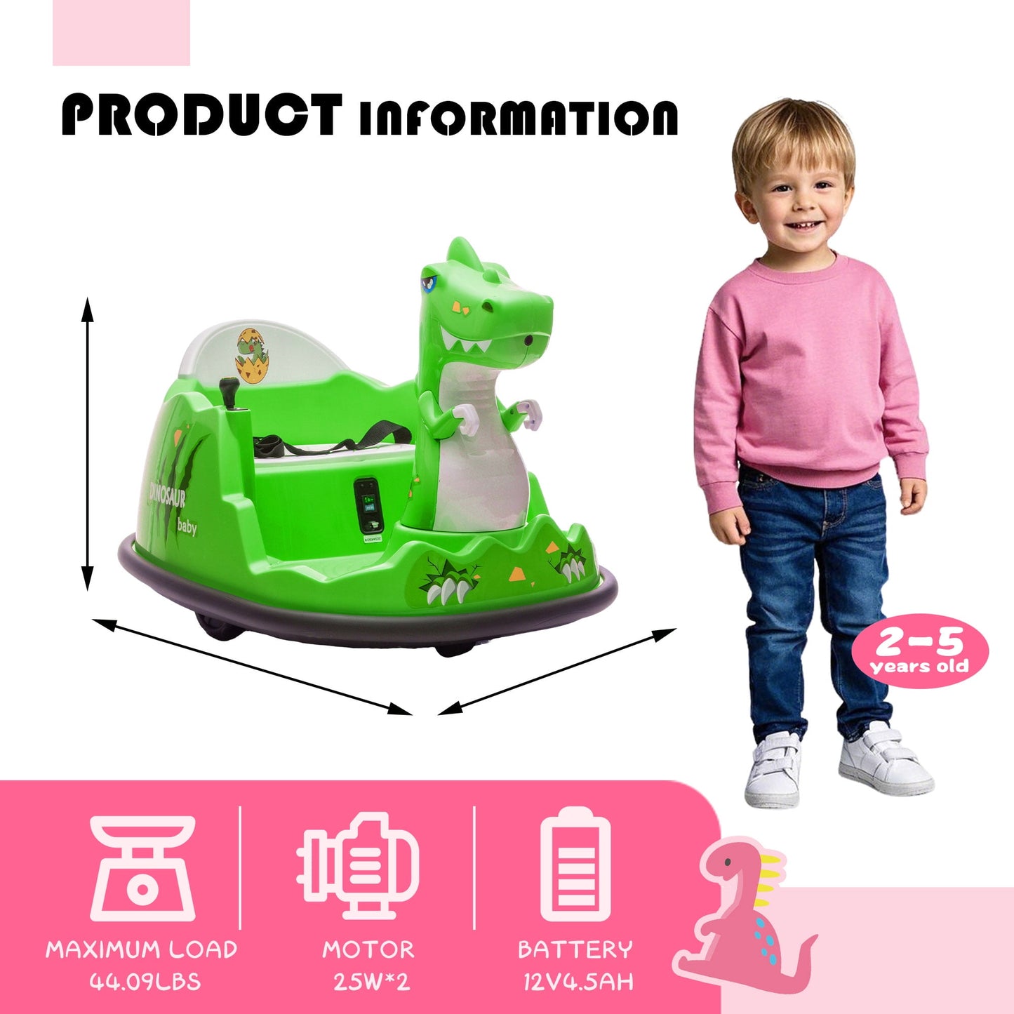 Track Seven 12V Kids Ride-on Toy with Remote Control, Dinosaur Shape Design, Bumper Car, Spray With Light, 360 Degree Rotation, Safety Anti-Collision Strip, Large Size Seat Design For Kids 2-5,Green