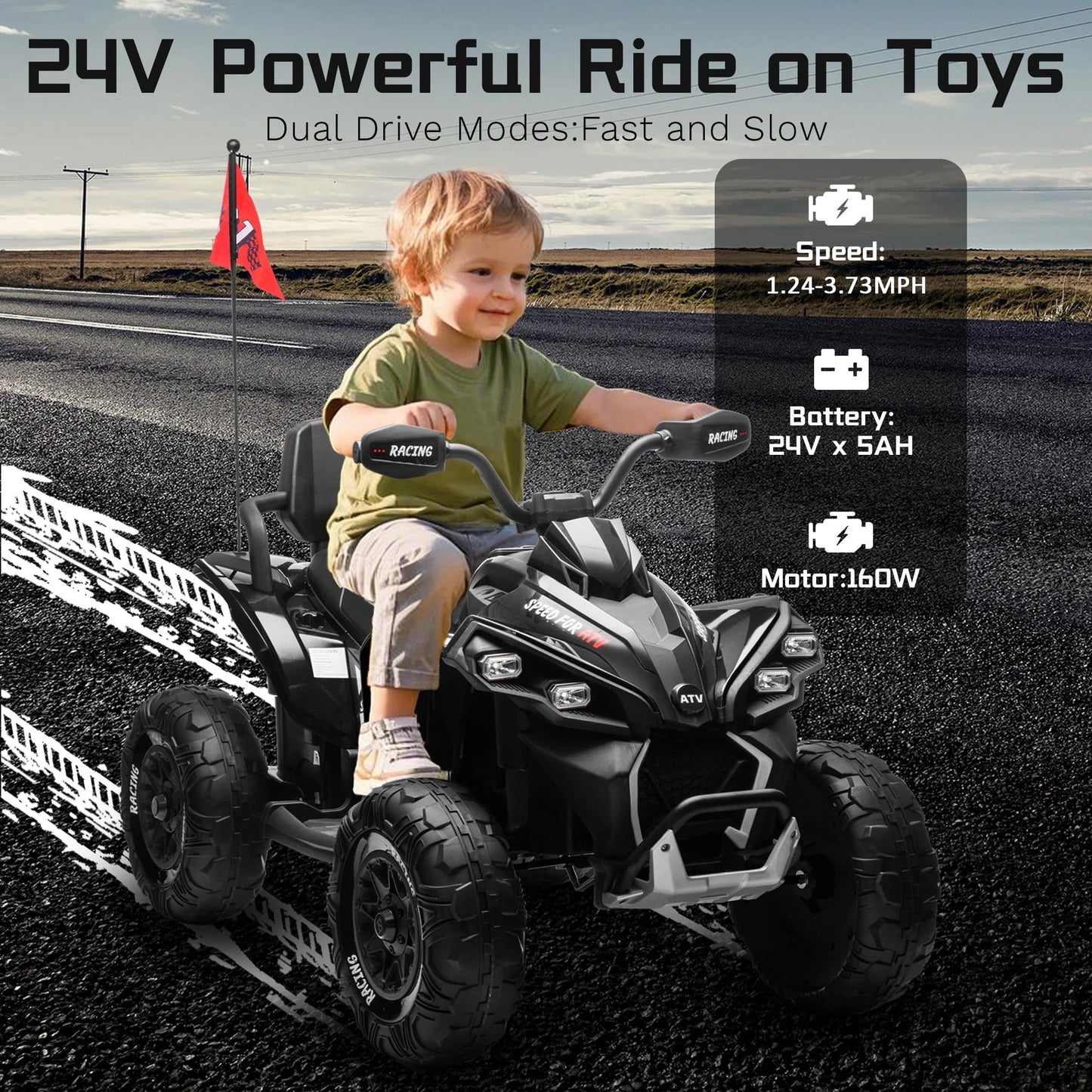 Track Seven 24V Kids Ride-On ATV, Four Wheeler Quad Electric Car with Remote, 2 Speeds, Bluetooth, LED Light, English Storytelling, Shock Absorber, Kids Electric ATV for Boys Girls Aged 3+, Black