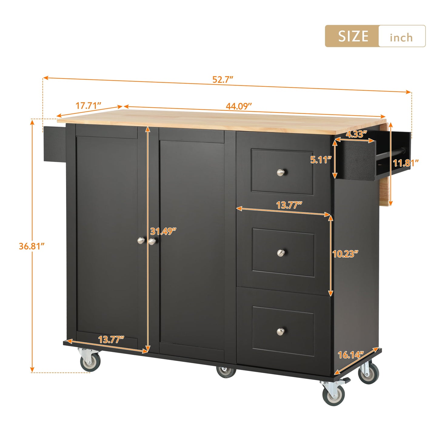 COOKCOK Mobile Kitchen Island Cart, Kitchen Cart with Wood Top and Drop Leaf Breakfast Bar, Rolling 52.7" Mobile Kitchen Island with Storage and Towel Rack, Drawers, Black