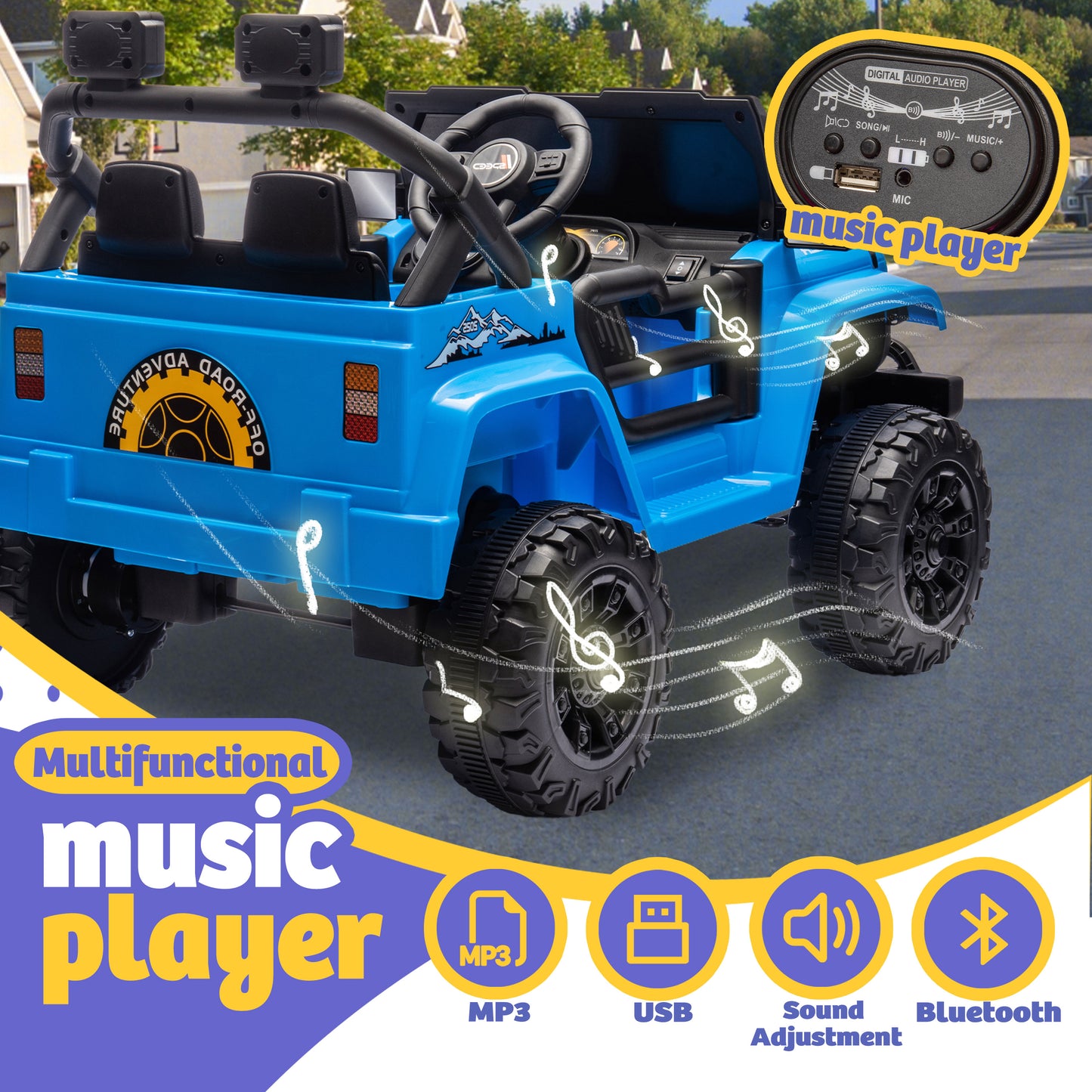 Track Seven 12V Kids Ride on Truck, Electric Car with Remote Control, Off-Road Truck for Boys Girls age 3+, Music, Bluetooth, Spring Suspension with DIY Stickers, Blue
