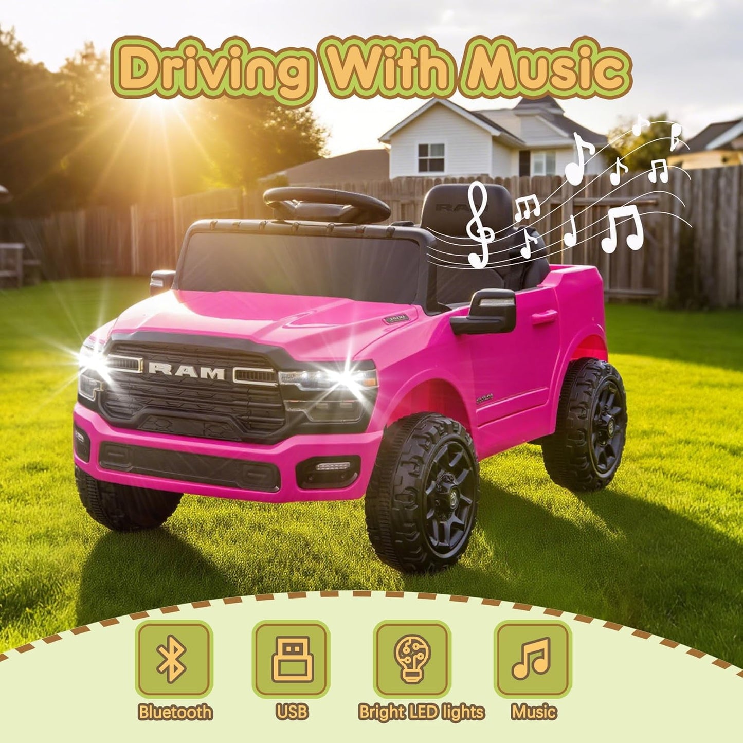 Track Seven 12V Ride on Car, Licensed Dodge RAM 3500 Ride On Truck with Remote Control, Rear Shock Suspension, LED Headlights, Low Battery Alarm, Bluetooth, Music, Ride on Toy for Kids Aged 3+, Pink