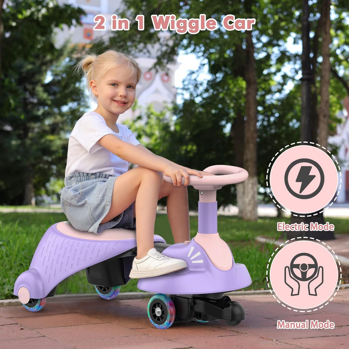 Track Seven 6V Electric Wiggle Car, 2 in 1 Electric Swing Car with Pedal, Flashing Wheels, Bluetooth, 360°, Retractable, Anti-Rollover, Max Speed 3.11mph, Ride on Toy Car for Kids Age 3+, Purple