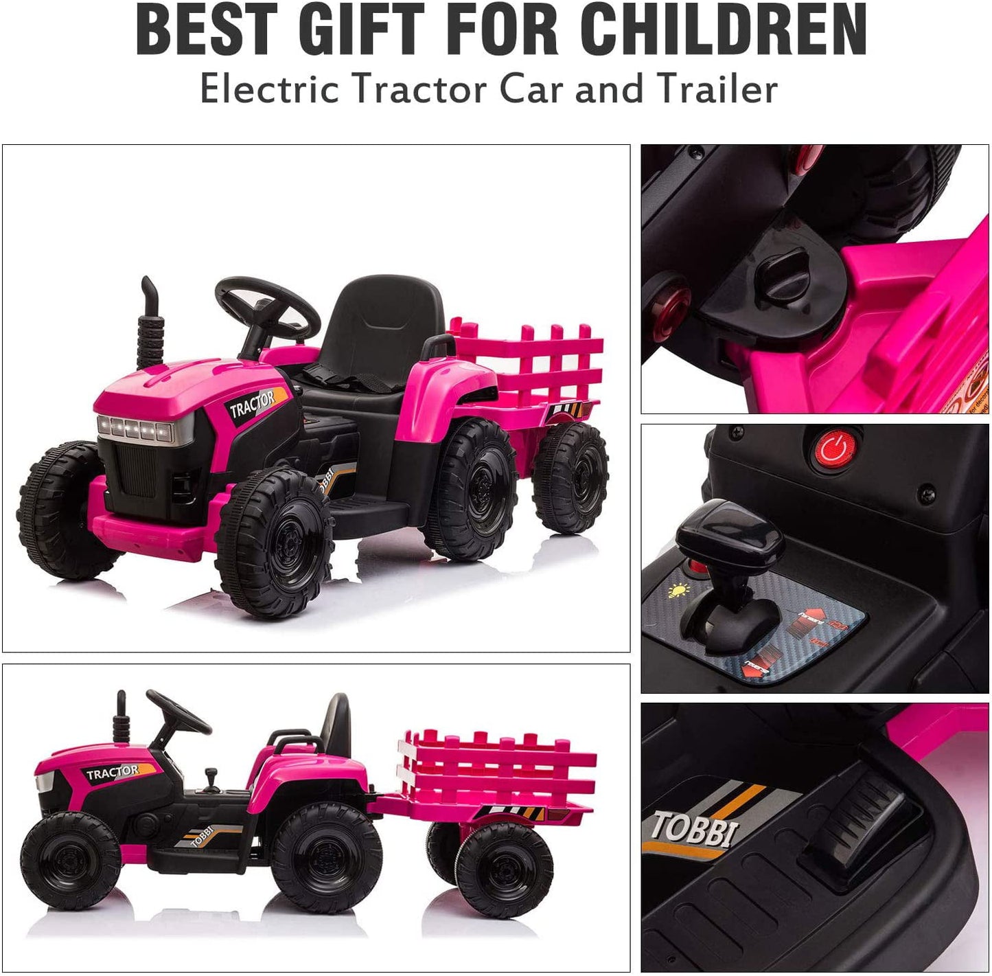 LISUEYNE 12V Ride on Tractor with Trailer, Electric Car with Music, USB, LED Lights, Ride on Car for Kids Age 3-6 Years, Max Speed 5mph, Rose Red