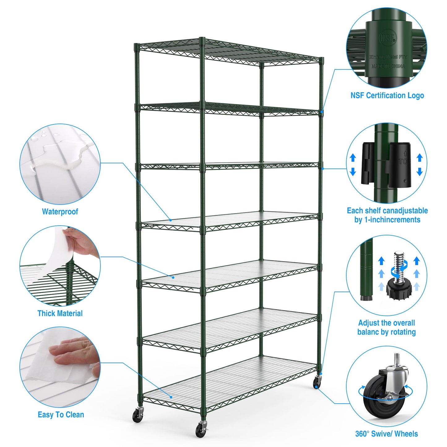 COOKCOK 7-Tier Wire Shelving Unit, 48" x 18" x 82" NSF Height Adjustable Metal Storage Shelf with Wheels, 500 lbs Capacity, Heavy Duty Garage Shelves with PE Mat, Storage Wire Rack, Green